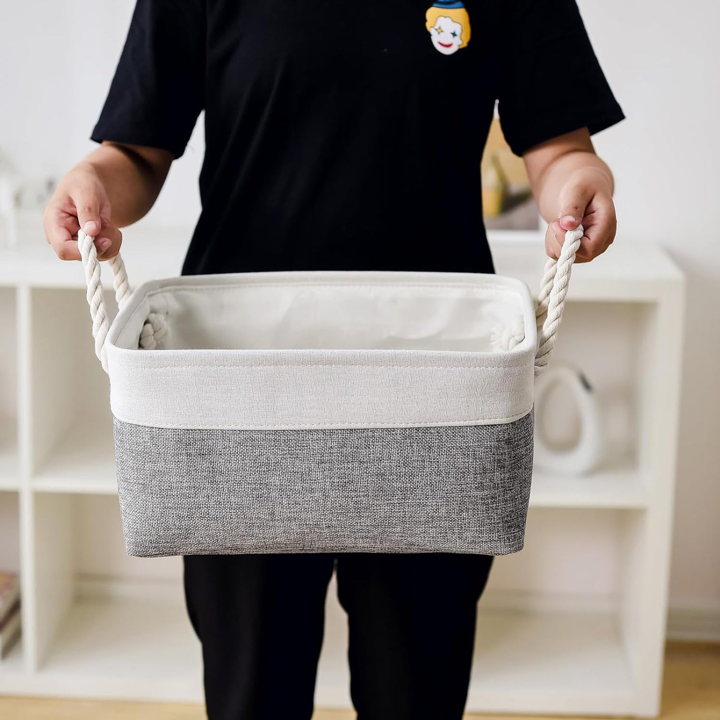 TheWarmHome Storage Bins for Shelves - 13.8L×9.8W×6.7H inch 3 Pack Medium Collapsible Storage Baskets for Organizing | Fabric Storage Cubes for Linen Closet Toy Home (White&Grey)