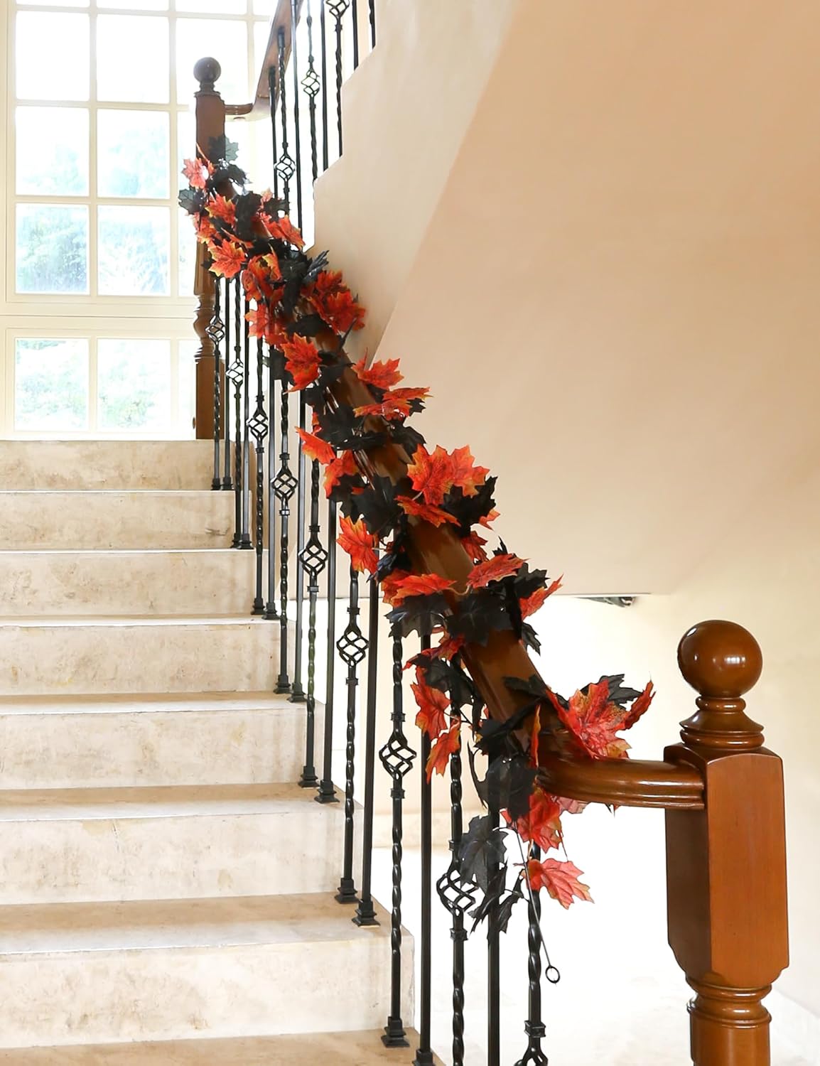 Joyhalo 5 Pack Fall Garland, Halloween Leaves Garland, Black Outdoor Leaf Vine for Mantle, Door Frame,Fireplace and Thanksgiving Decor
