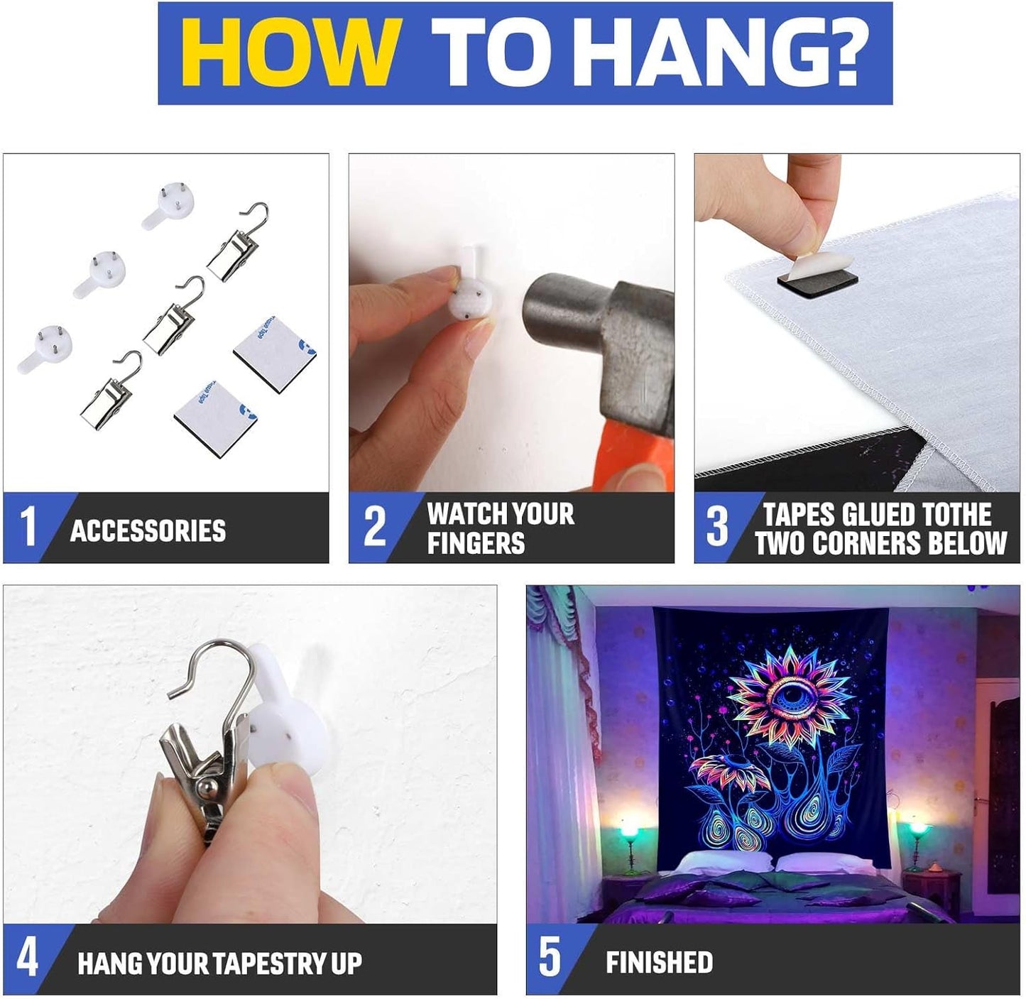 ADDWel Blacklight Sunflower Tapestry, Hippie Eye Tapestry Glow In The Dark, UV Reactive Black Light Upright Posters Wall Hanging for Bedroom Dorm Living Room Backdrop Decor