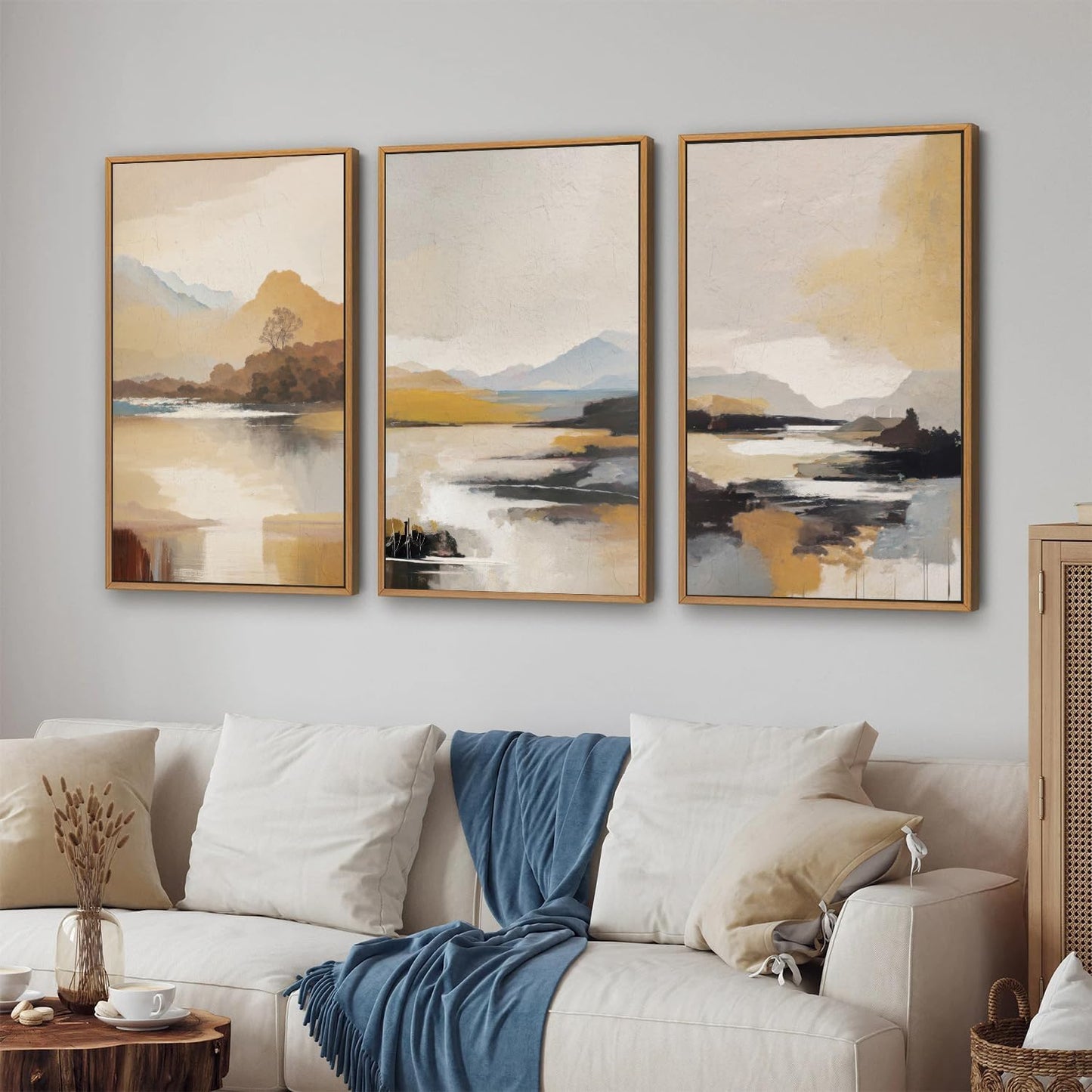 Tinonedraw Beige Mountain Landscape Framed Canvas Wall Art, Abstract Mid Century Modern Wall Decor, Golden Hour Lake Artwork, Neutral Nature Scenery Art Printing for Living Room Bedroom Office 16"x24"x3