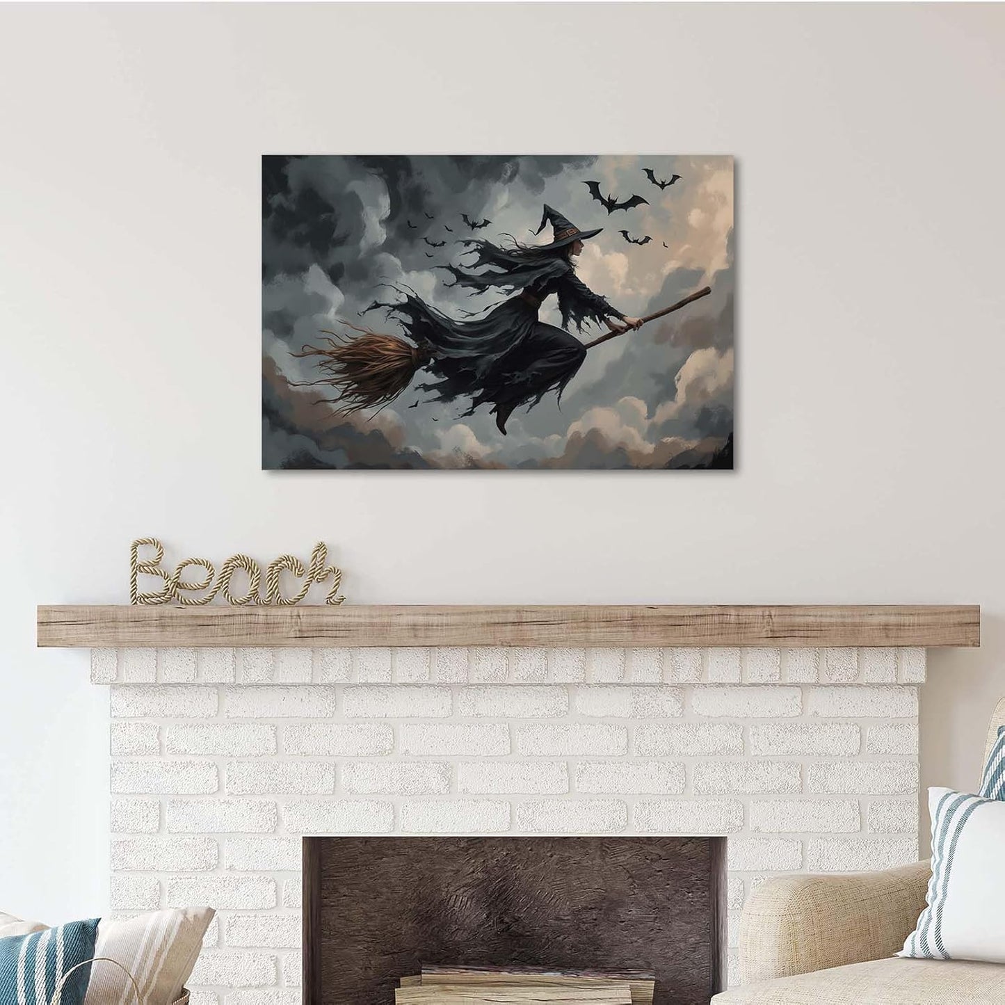 Witch and bat flying Halloween poster suitable for home party wall decoration retro Halloween preppy style wall art canvas print suitable for room decoration28x40in Wood Framed