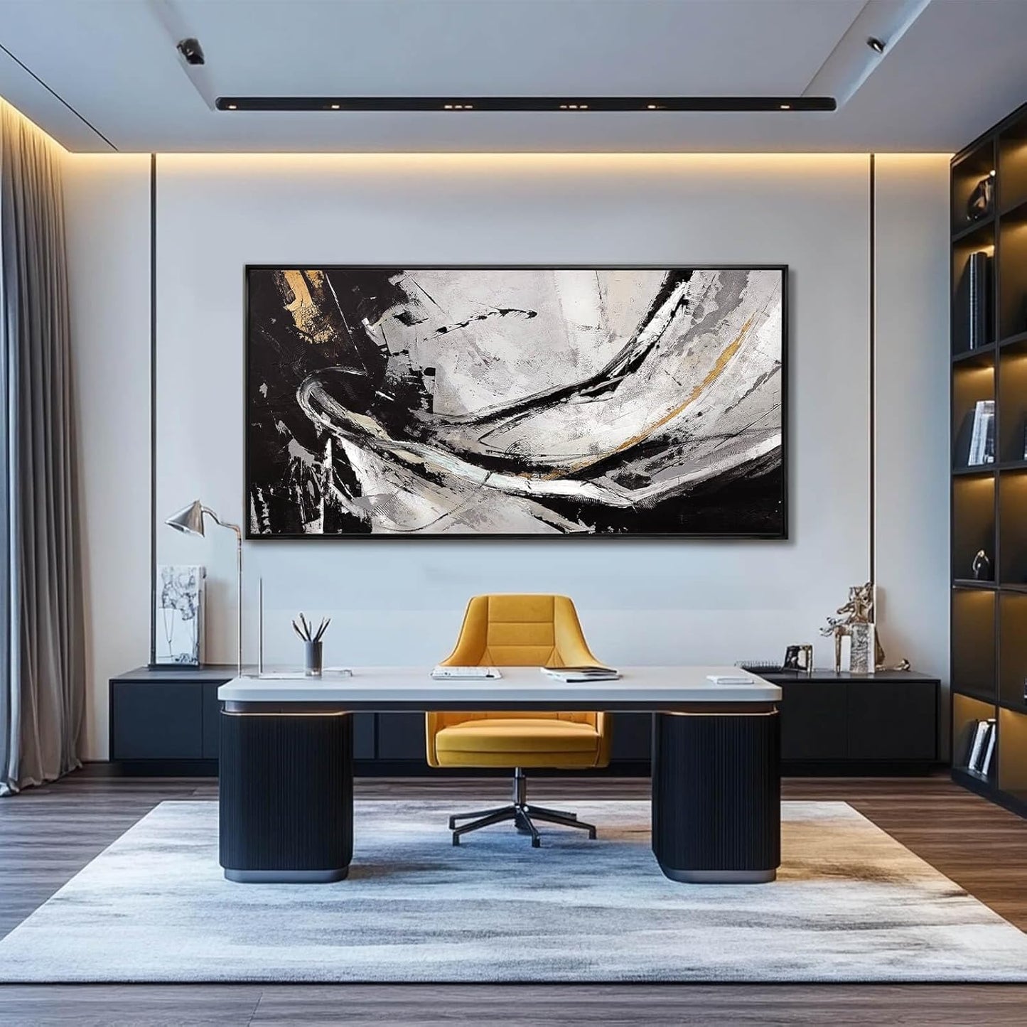 XIANSHOU Abstract Canvas Art Gold Line Painting Wall Art Black Poster Splash-ink Artwork 24"x 48" Gallery Wall Prints for Home Living Room Kitchen