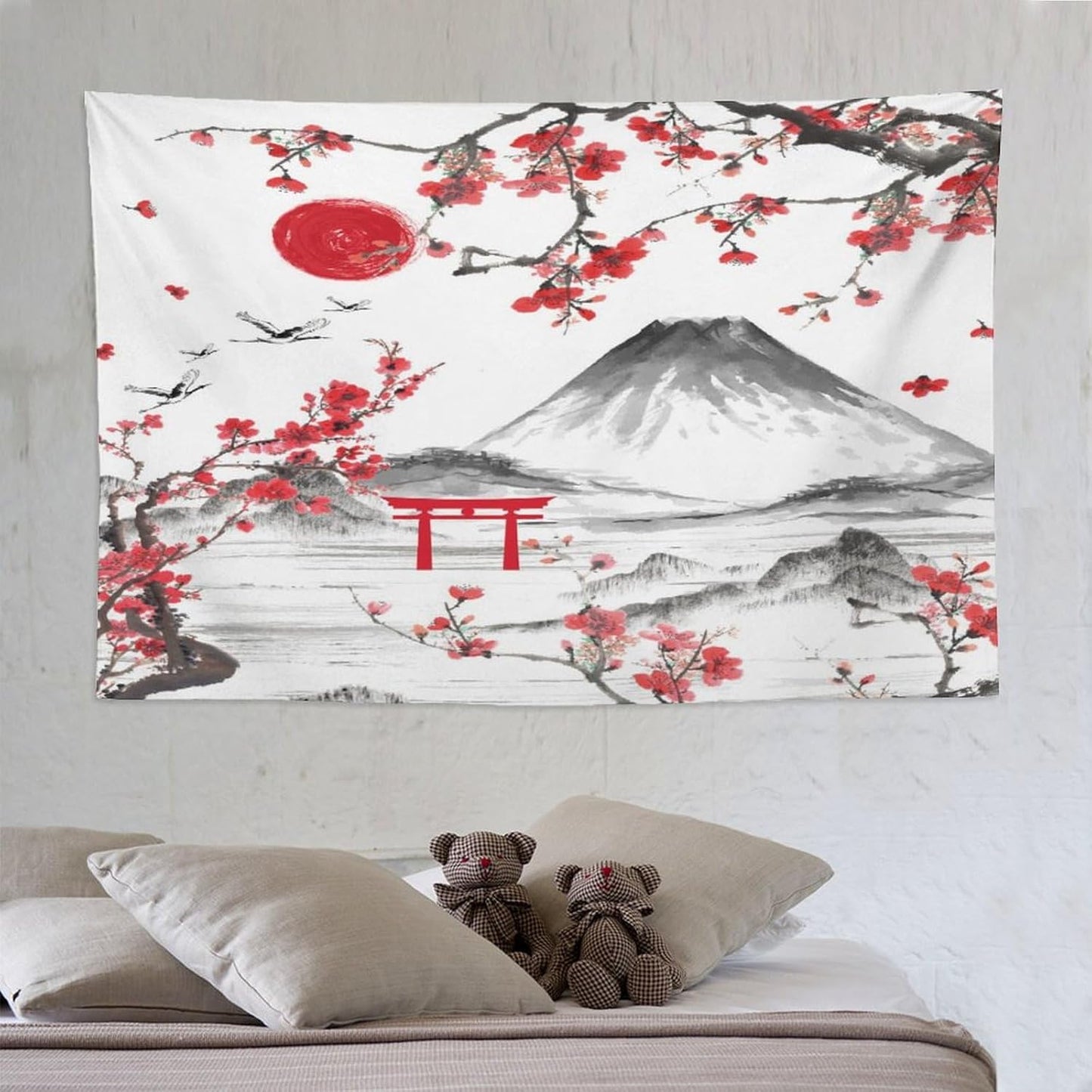 Red Cherry Blossoms Tapestry, Japanese Fuji Mountain Tapestry, Asian Japanese Wall Tapestry, Nature Landscape Tapestries for Bedroom Living Room Decor 90"x60"