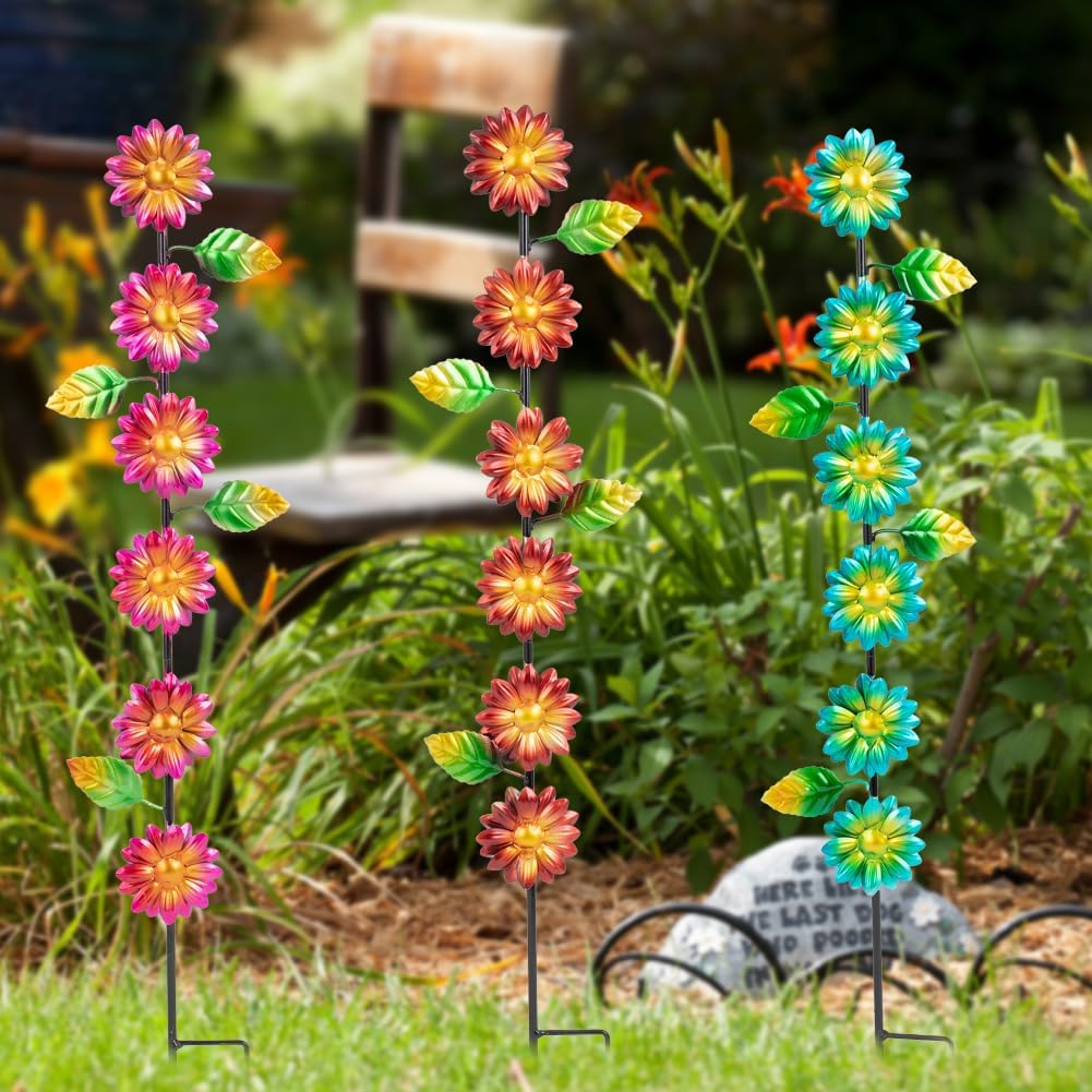 3Pack Flowers Decorative Garden Stakes,Spring Outdoor Metal Flowers Decorations,Metal Yard Art for Outside Patio Porch Decor（22.6 * 5.1IN）