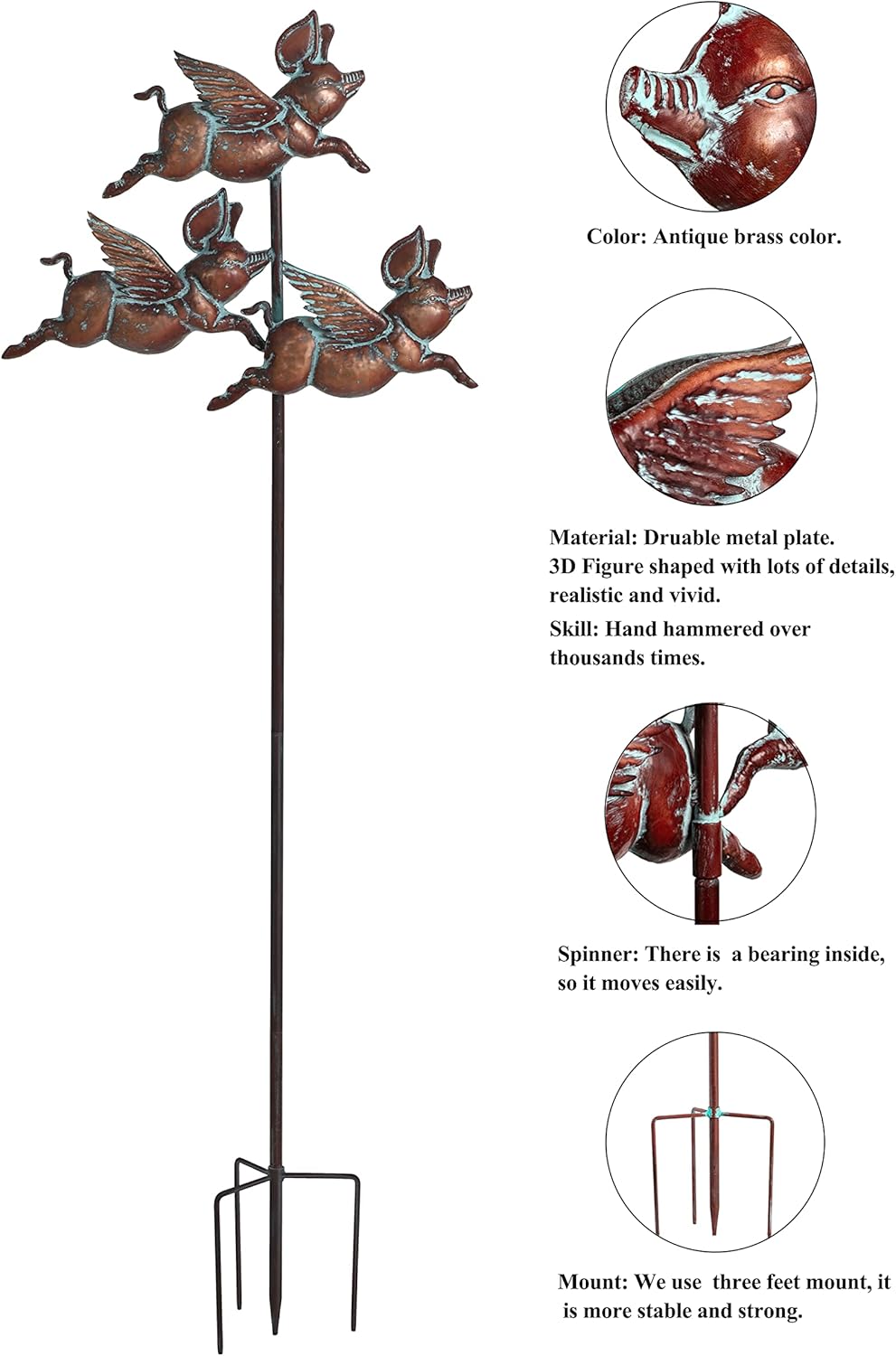 Flying Pig Statues,90" x 32" Antique Copper Outdoor Flying Pigs Garden Decor,Metal Pig Sculpture,Wind Spinner,Weather Vane,Yard Art for Patio,Lawn,Garden,Country Cottage,Farm