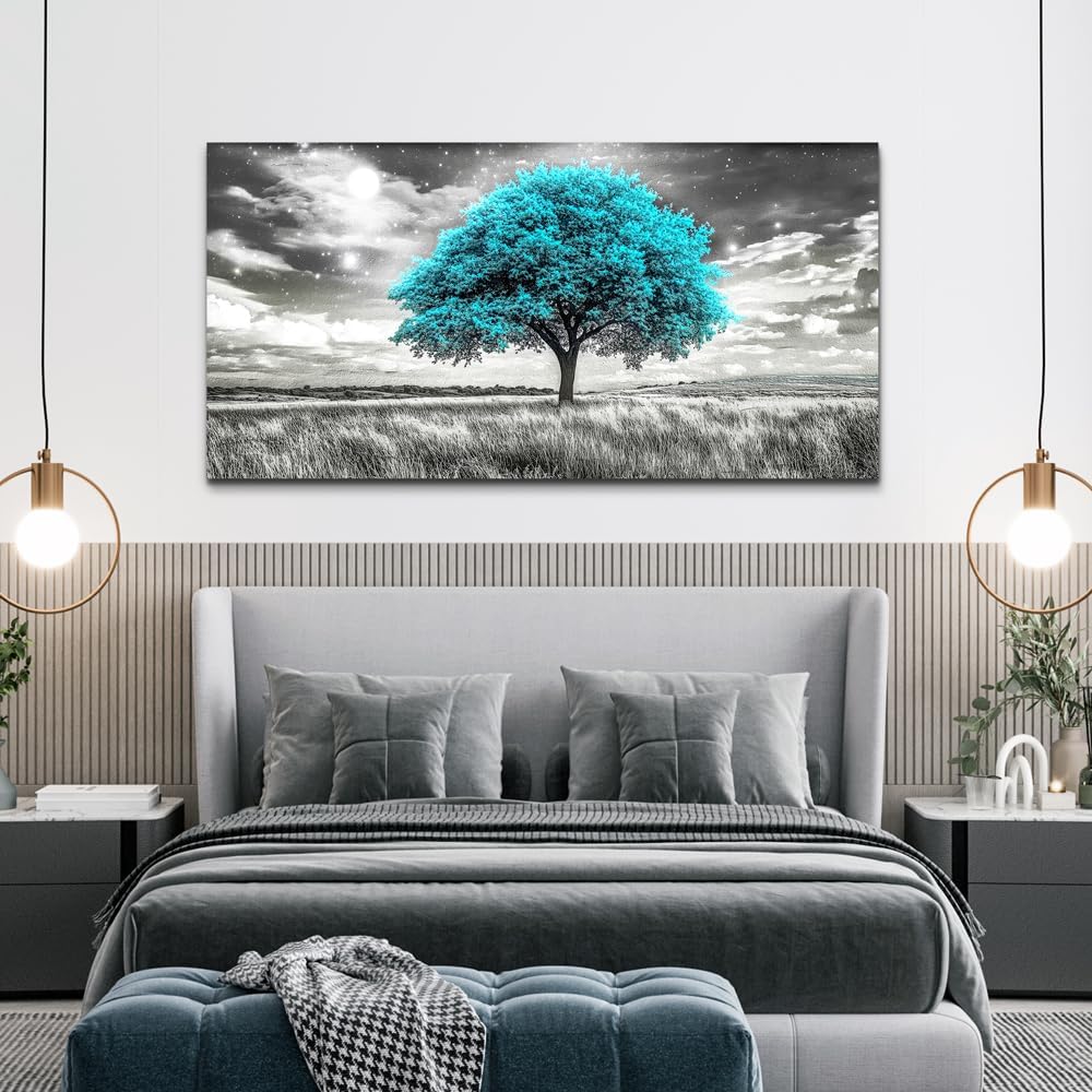 KELIYUAN Blue Tree Wall Artist Decorated Painting Full Of Stars Black And White Oil Painting Modern Print Canvas Aesthetics Living Room Decoration Bedroom Bathroom Office Wall Decoration 24 X 48 In