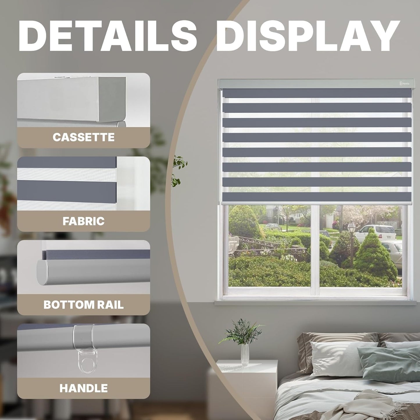 HESTIA Cordless Zebra Blinds Light Filtering Roller Shades UV Blocking Blackout Privacy Indoor Window Blind for Home Office Day and Night, Blue Grey,41" W x 60" H