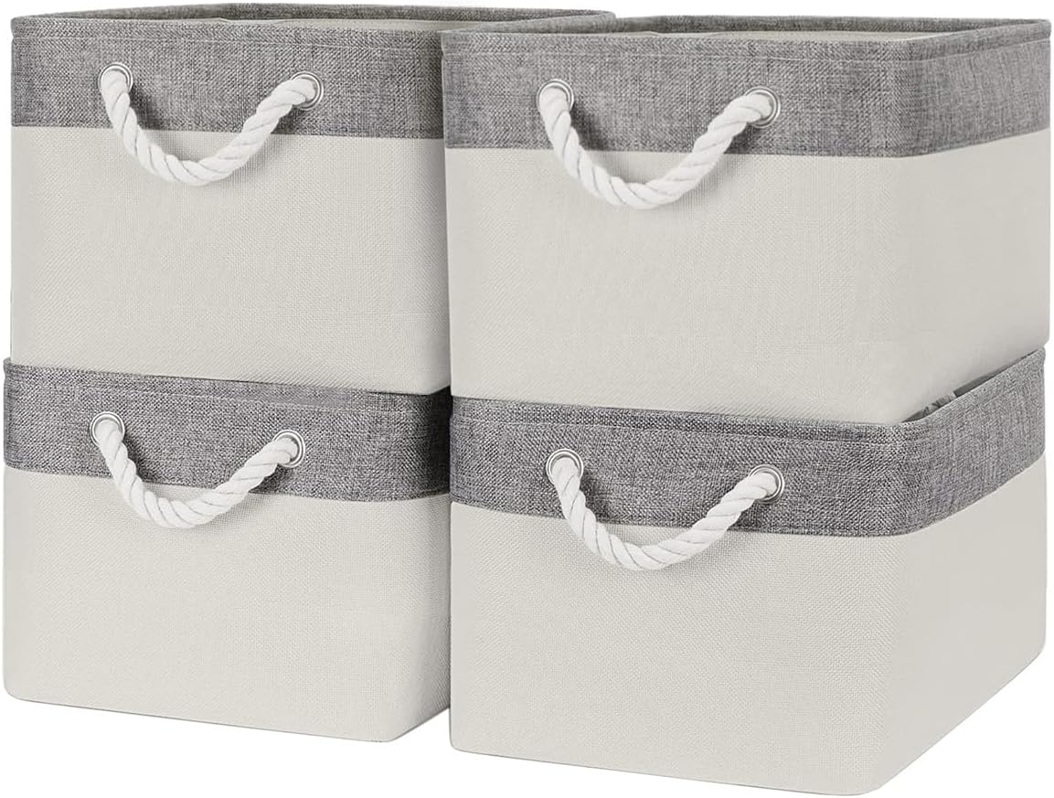 Organization and Storage Bins for Shelves - Large 4 Pack 16x12x8 inch Collapsible Storage Basket for Organizing, Fabric Storage Cubes for Box Closet Cloth Toy Nursery Books Kids (Grey & White)