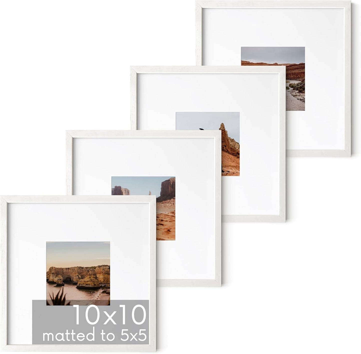 HAUS AND HUES Solid Oak Wood 10”x10”Picture Frames Matted to 5”x5” Set of 4 - White Picture Frames 10 x 10, Square White Frames, 10 x 10 Picture Frames, Photo Gallery Wall Frame Set