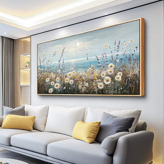 PHAOHUAXM Large Canvas Printing Artworks Mural Wall Decor For Living Room Wall Art For Bedroom Office Decor Blue Ocean Paintings Flowers Watercolour Wall Pictures Home Decor Wood Framed 30x60 In