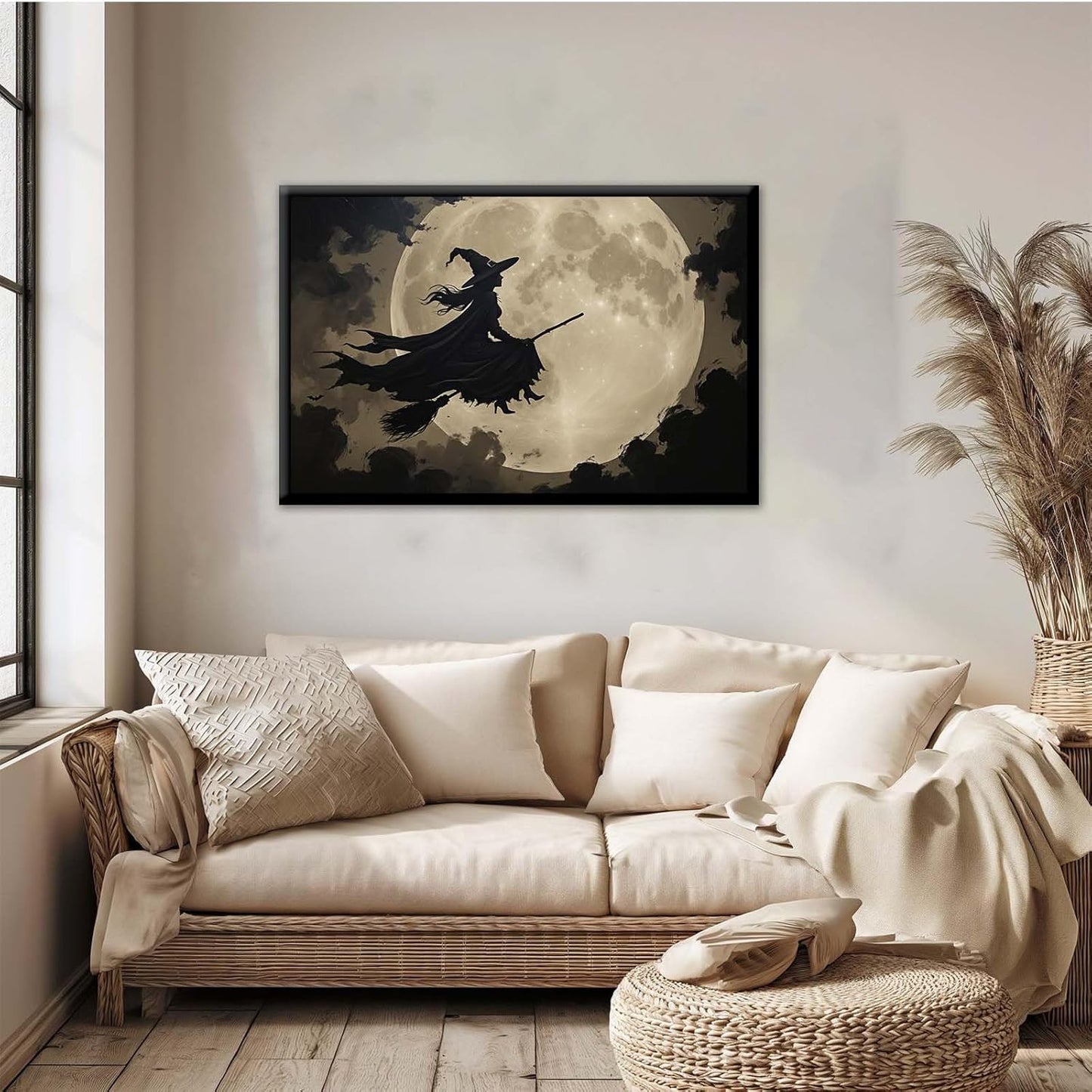 JFHCQJPK Full moon witch silhouette poster witch on magic broom Halloween mural poster decorative mural art suitable for home living room bedroom20x30in Metal blackFramed