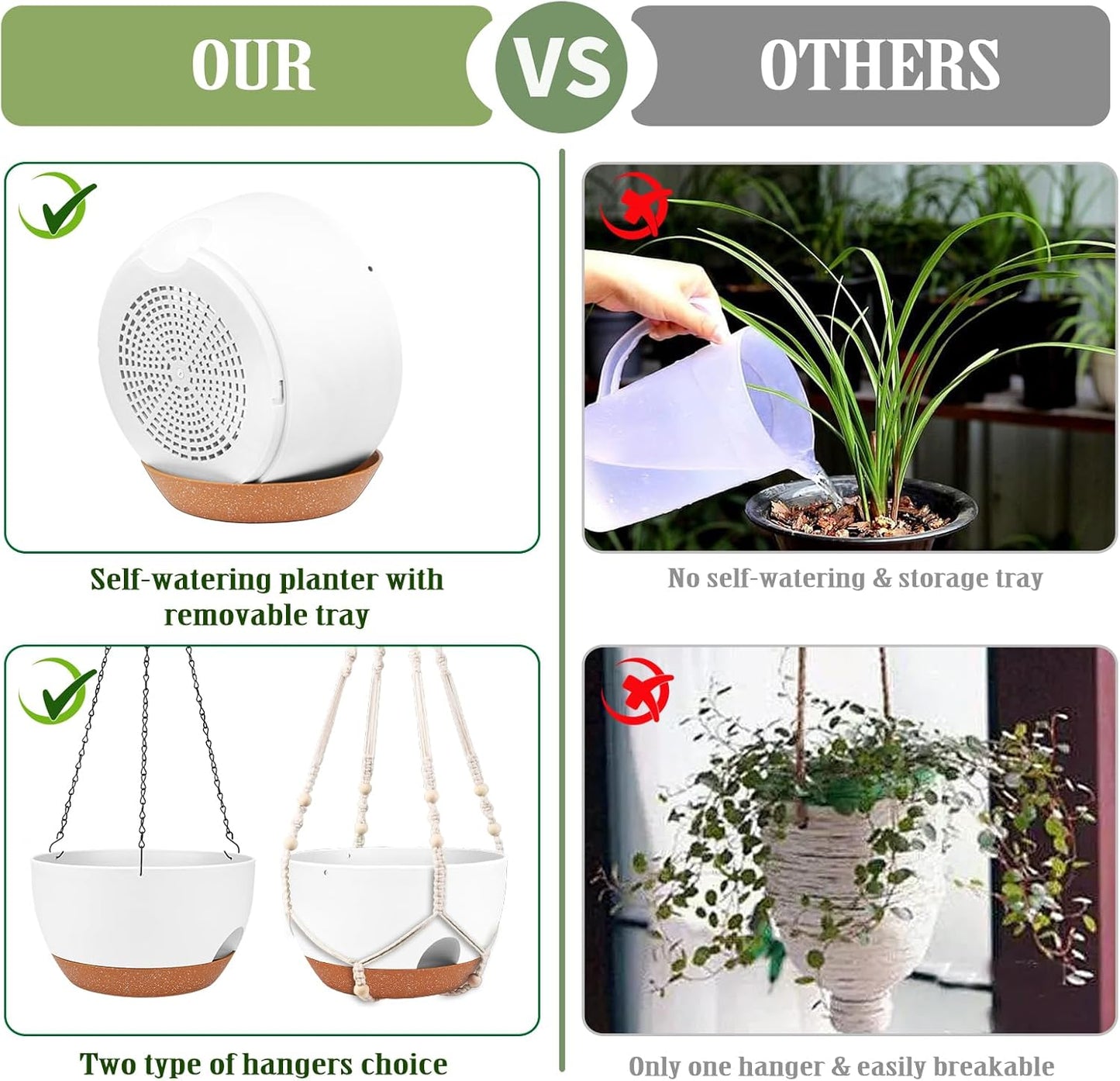 Hanging Planters for Outdoor Indoor Plants, 2 Pack 12 Inch Hanging Basket Plants Outdoor, Self Watering Hanging Planter with Plant Hanger for Garden Home Decoration (2 Type Plant Hangers White)