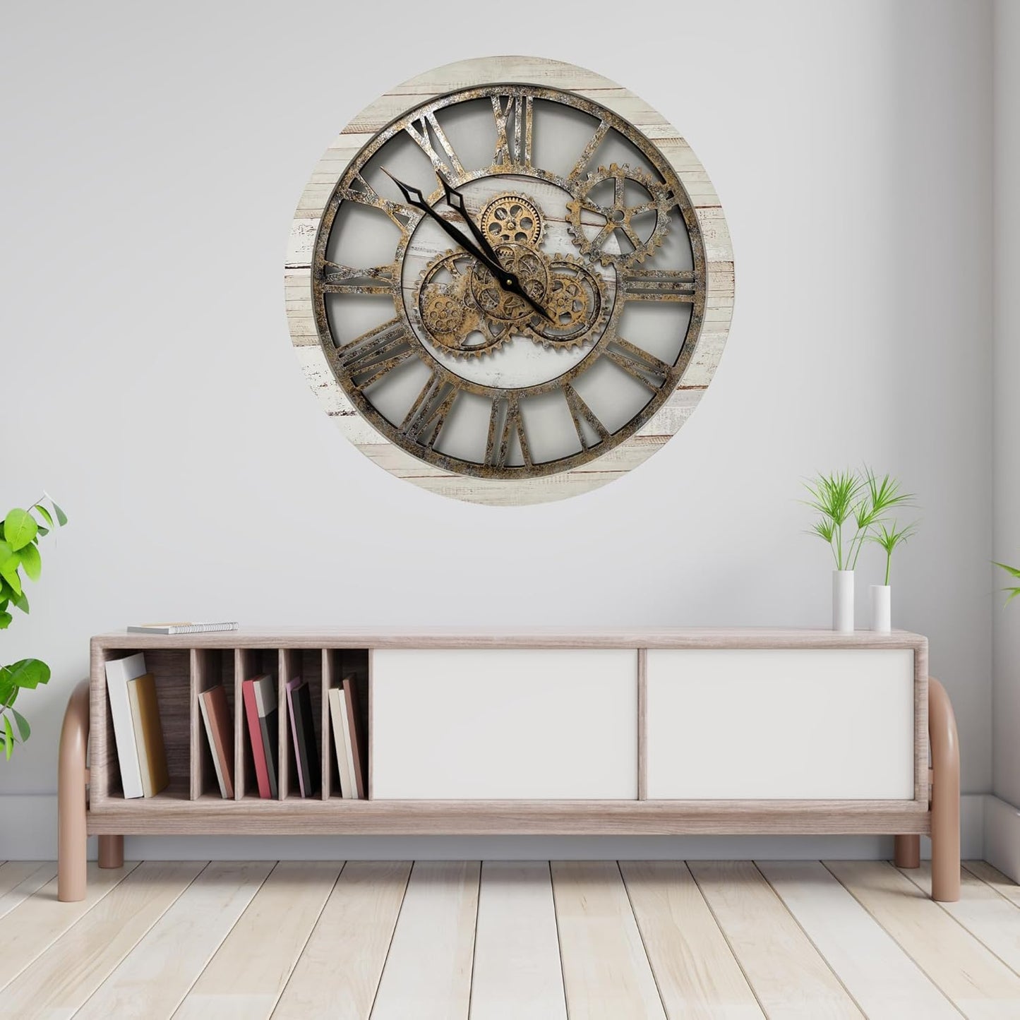 The Gears Clock The Original Real Moving Gear Wall Clock Vintage Industrial Oversized Rustic Farmhouse (24 inch (60cm), Vintage Desert Beige and Bronze)