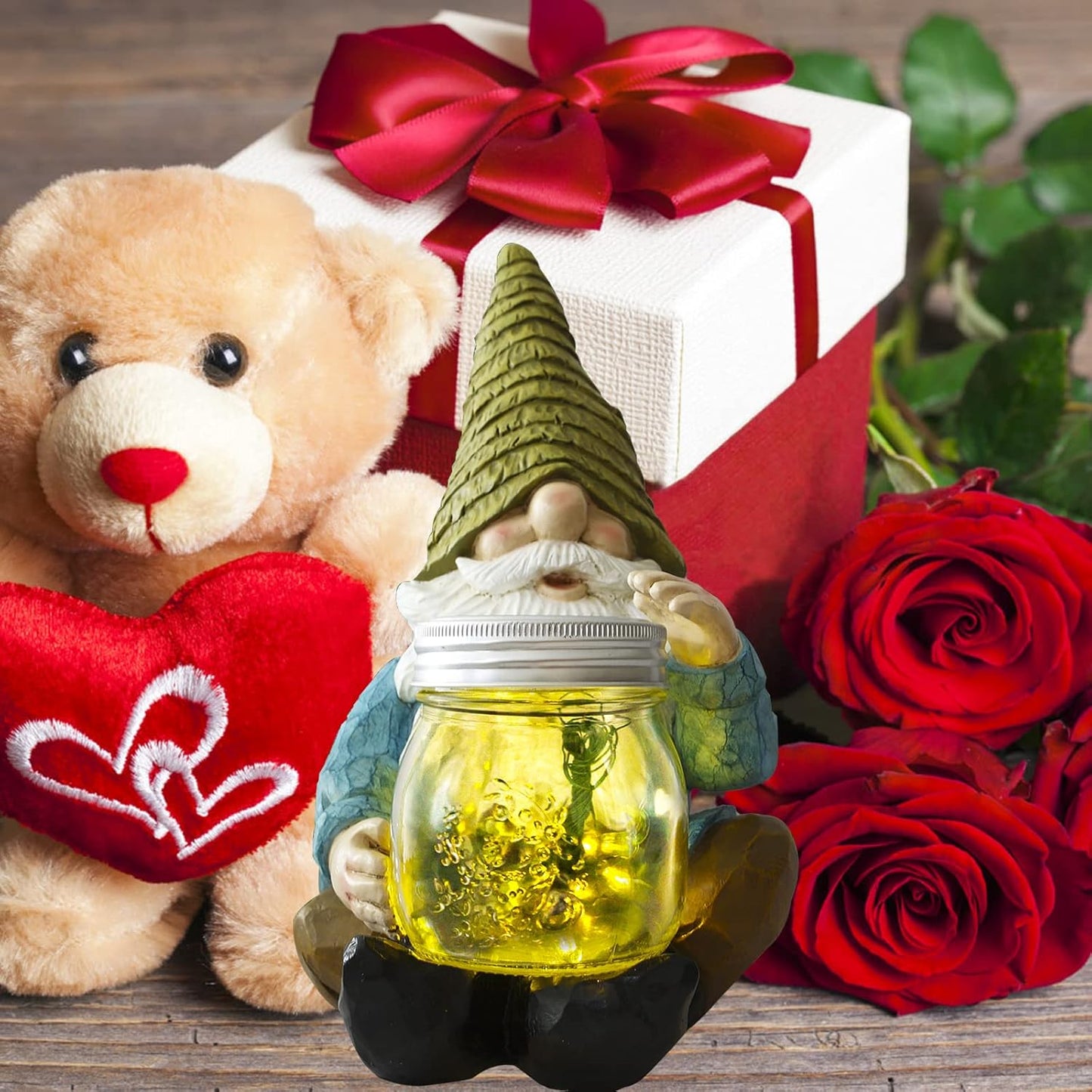 Solar Firefly Jar Gnome Waterproof- Large Garden Gnome Funny Solar Outdoor LED Lights Resin Statues 10.6" Lantern Figurines Decorations Birthday Gifts for Mom Women - Unique Housewarming Gifts