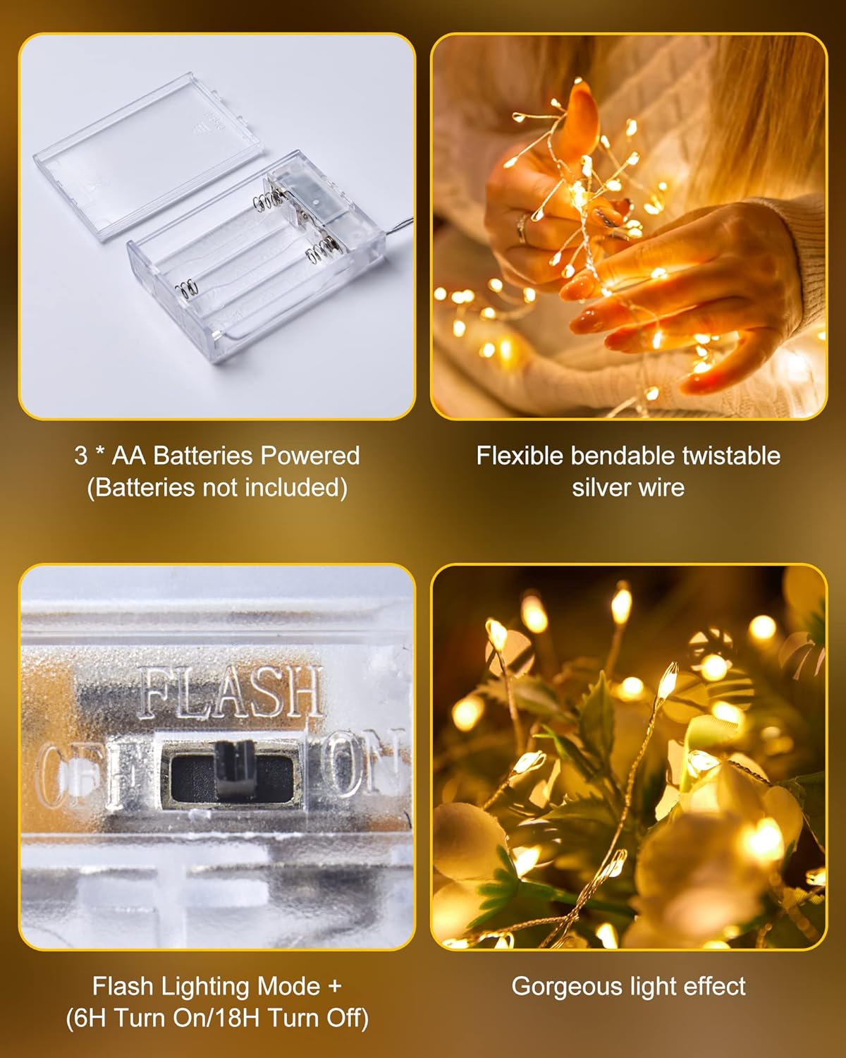 2 Pack Fairy Lights Battery Operated, Twinkle String Lights Waterproof Silver Wire 5 Feet 60 Led Firecracker Starry Lights for DIY Wreath Wedding Party Bedroom Mason Jar Holiday Christmas, Warm White