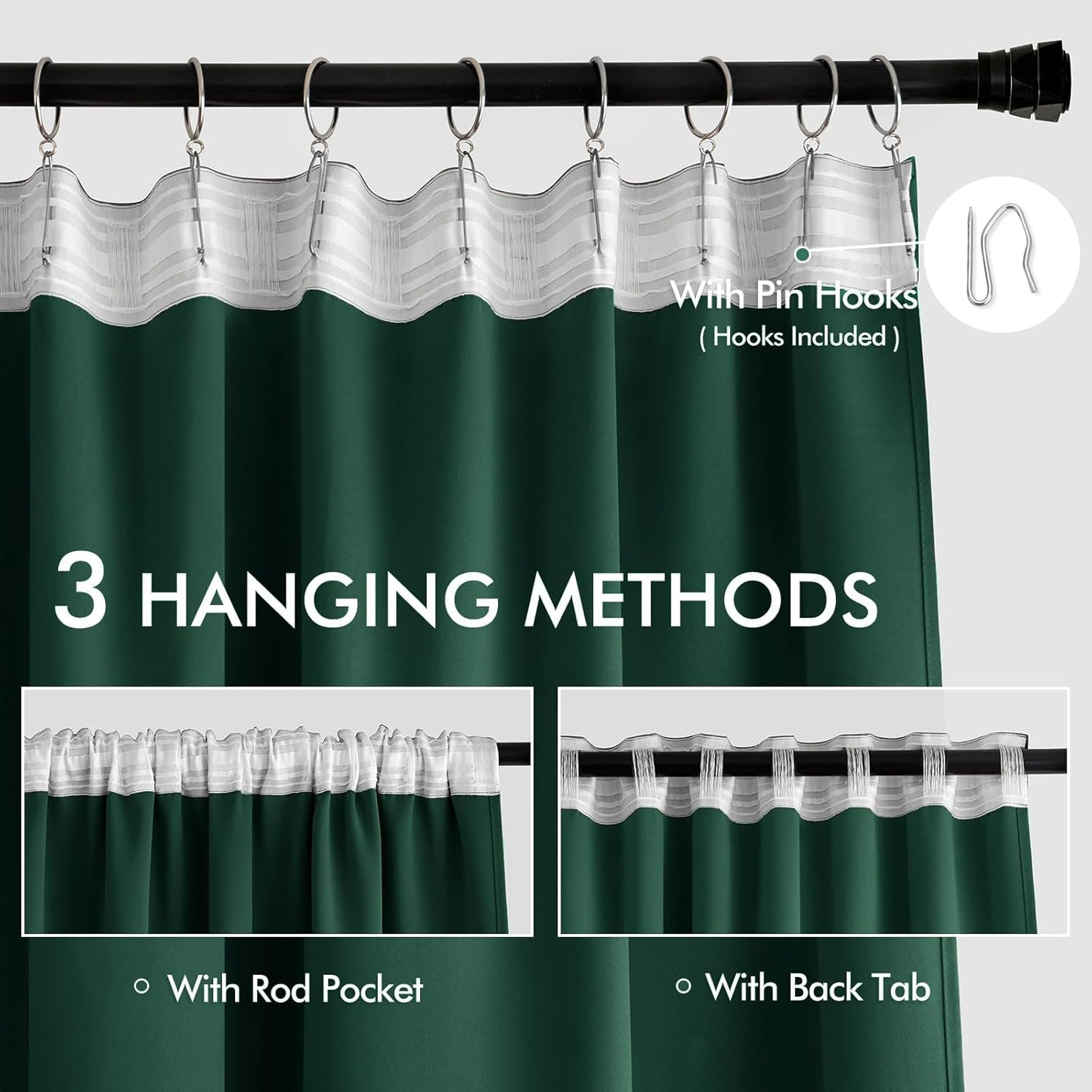 MIULEE Hunter Green Back Tab Blackout Curtains 84 Inch Length 2 Panels Set for Living Room Bedroom, Rod Pocket/Pinch Pleat Thermal Insulated Room Darkening Pleated Light Blocking Drapes