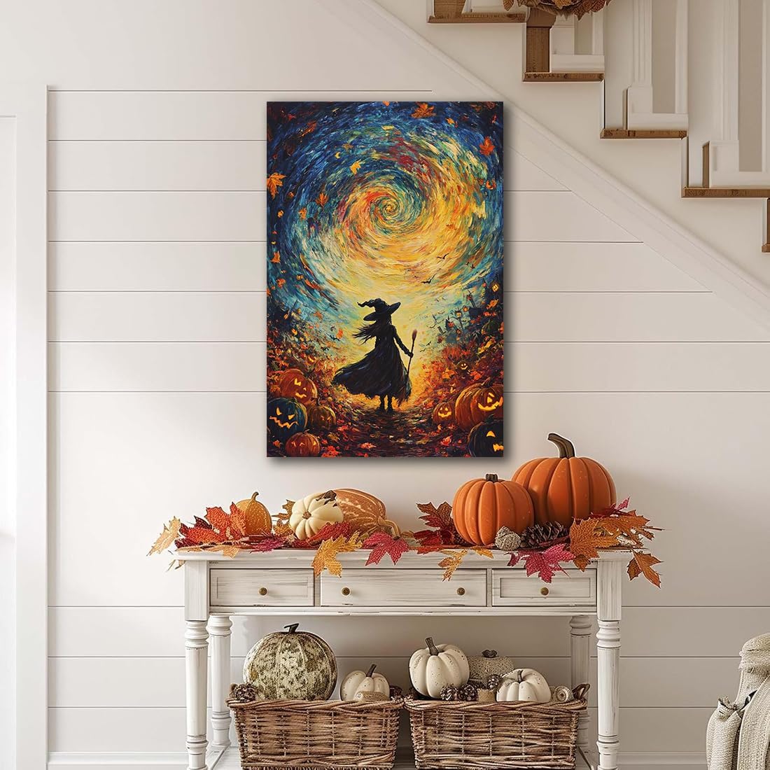 Halloween Autumn Witchy Decor Wall Art Prints,Gothic Witch in Whirlwind Autumn with Pumpkins Scene Pictures Poster,Fall Festival Home Decor Painting Canvas Poster for Bedroom Bathroom,20"x30" Framed