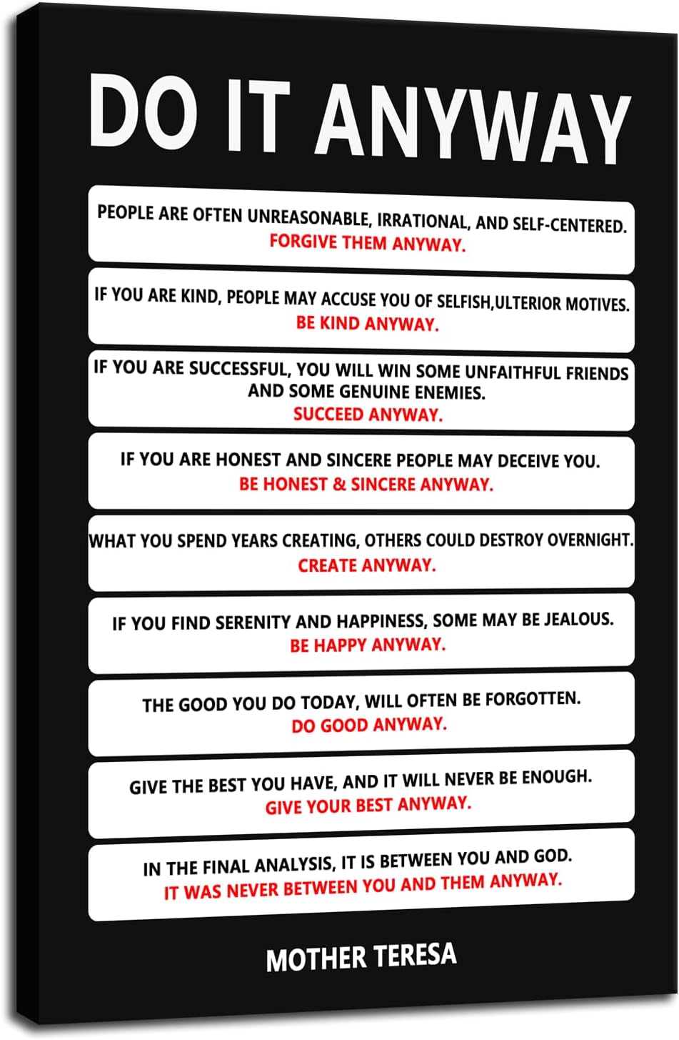 Do It Anyway Canvas Wall Art for Living Room Inspirational Mother Teresa Quote Poster Wall Decor Paintings Wooden Framed Artwork Bedroom Kitchen Home Decoration Ready to Hang[12''W x 18''H]