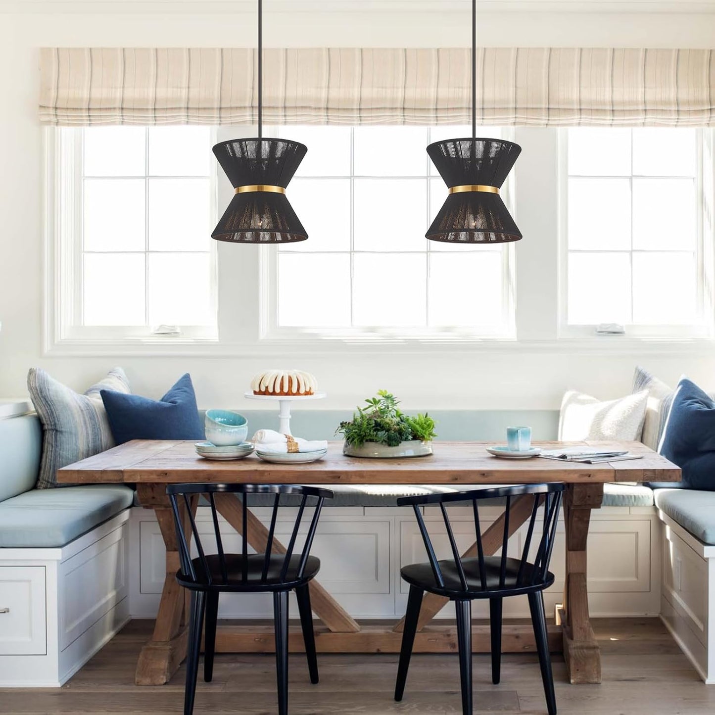 Hand Woven Boho Pendant Light Coastal Mini Modern Chandelier Adjustable Transitional Minimalist Pendant Lighting Fixtures for Kitchen Island Dining Room, Black, Dia 12.2”, UL Listed