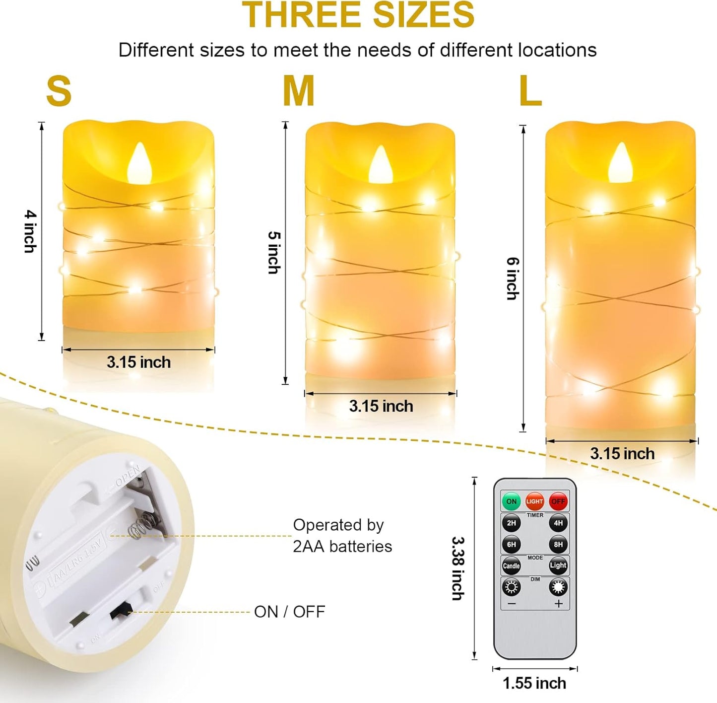 Flameless battery Operated LED candles with 11 Key remote control 24-hour timer Set of 3， With embedded string lights electric flickering pillar Real Wax ，Party, Wedding, Home Decoration(lvory)