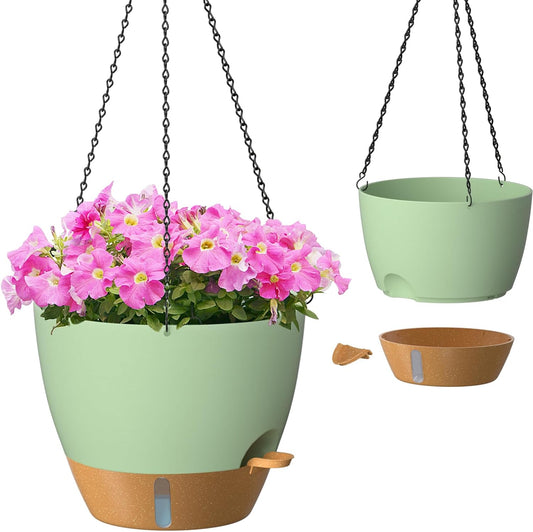 ZMTECH 12 Inch Hanging Planters for Indoor Outdoor Plants, 2 Pack Self Watering Hanging Plant Pots with Drainage Hole, Visual Reservoir, Plastic Flower Hanging Pots with Watering Lip (Green)