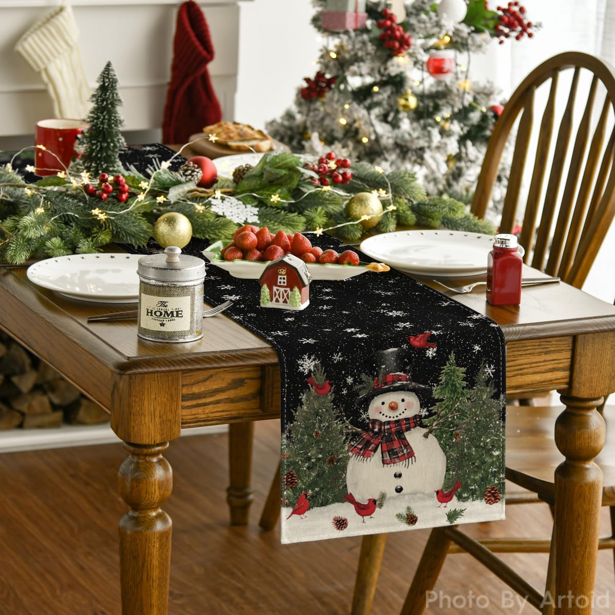 Artoid Mode Snowman Birds Trees Christmas Table Runner, Seasonal Black Winter Holiday Kitchen Dining Table Decoration for Home Party Decor 13 x 72 Inch