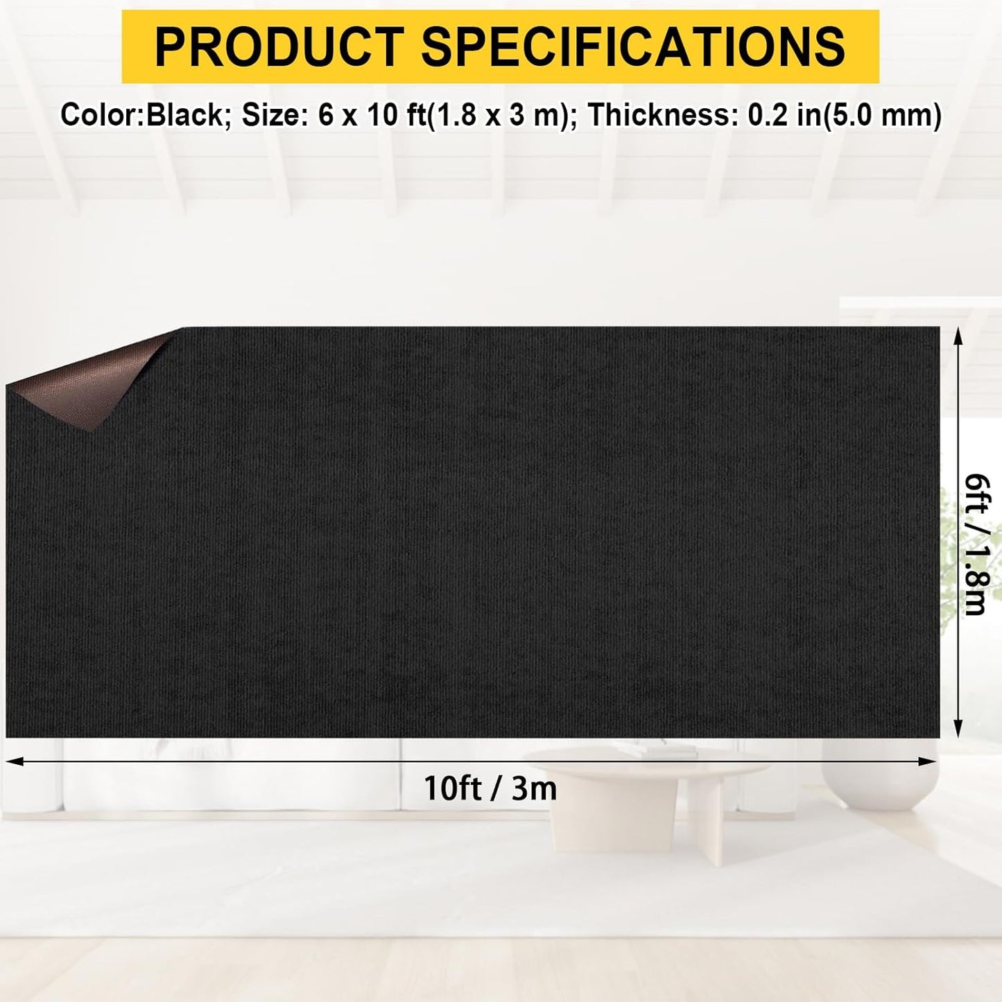 Marine Carpet - 6 FT x 10 FT Black Indoor Outdoor Rug (0.2" Thick) with Water-Proof TPE Backing, Non-Slip Outdoor Marine Carpet Roll for Home, Patio, Porch, Deck