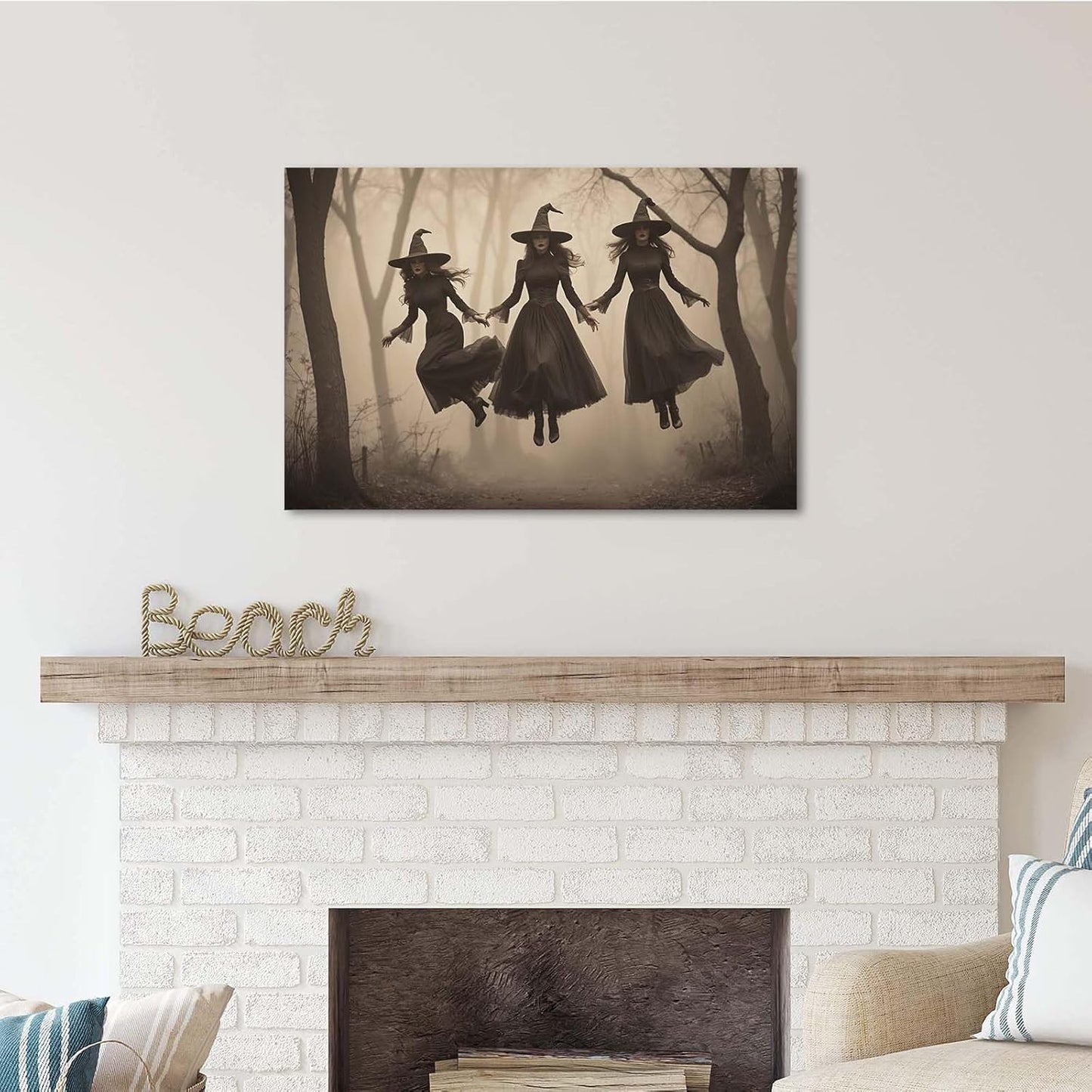 JFHCQJPK Three ghost witches flying in vintage forest gothic wall art witchcraft decoration holiday gift canvas wall art print16x24in Frameless