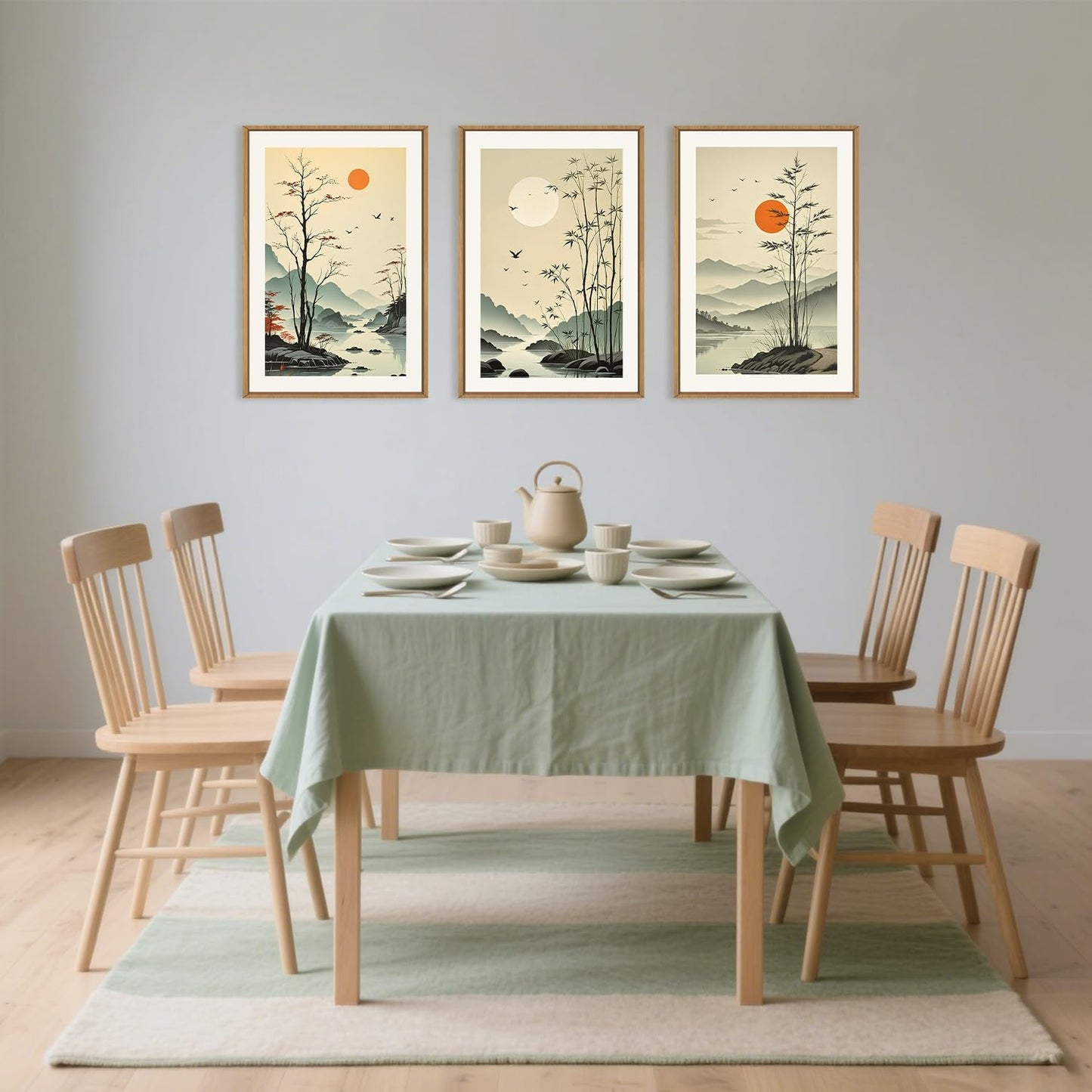 Celestdeco Chinoiserie Bamboo Forest Framed Canvas Wall Art Set, Nature Tree Lakes Wall Decor, Minimalist Zen Landscape Wall Painting, Watercolor Art Prints for Living Room, Bedroom, Office 24"X36"X3