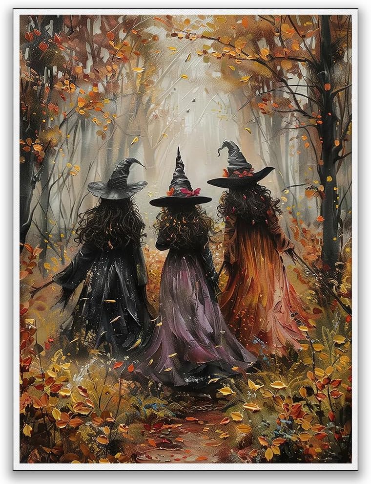 Generic Vintage Three Witches In The Forest Painting Witch Print Witchy Canvas Print Halloween Wall Art Halloween Decor Witch Poster Dark Academia Gothic Room Decor for Dorm Bedroom 12x16in Unframed