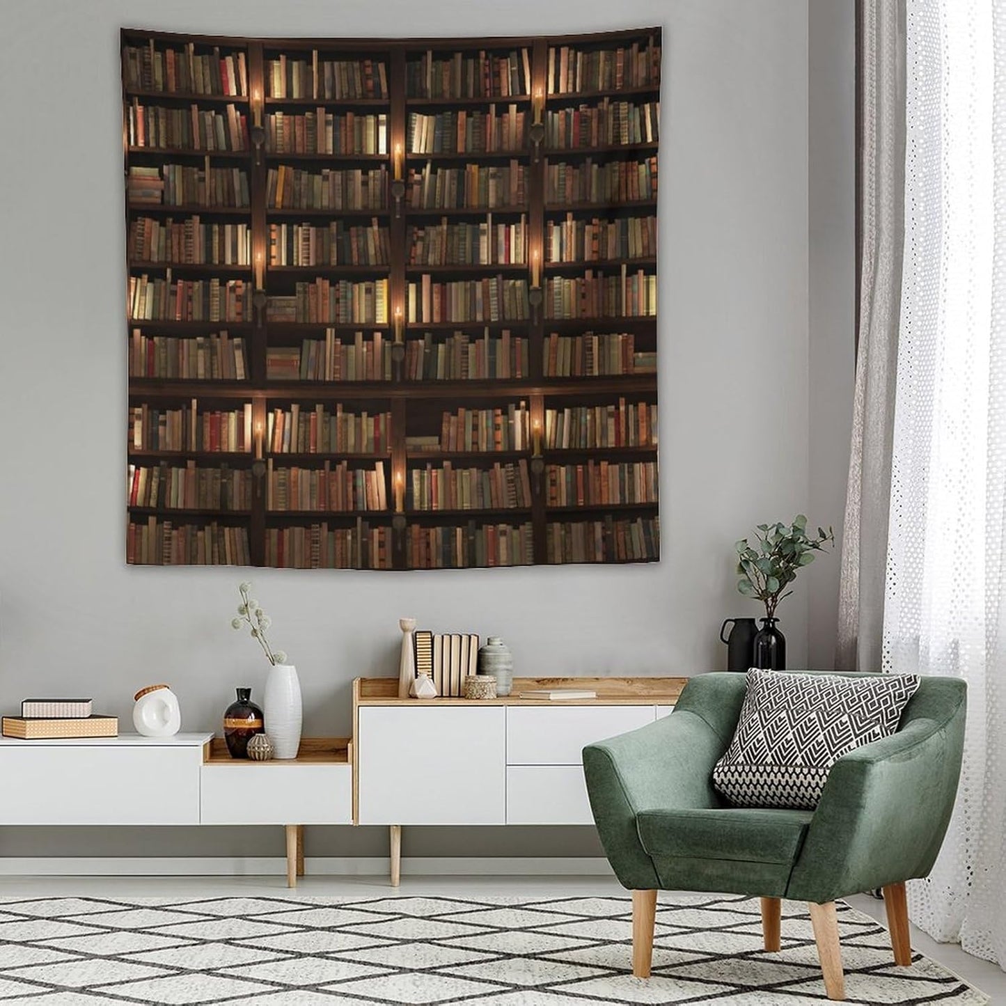 Kurtect Bookshelf Tapestry,Retro Library Bookcase Antique Mid Century Pattern Print Tapestries for Party Beach Picnic Blankets Tablecloths Living Room Wall Deocr, 60x60 in