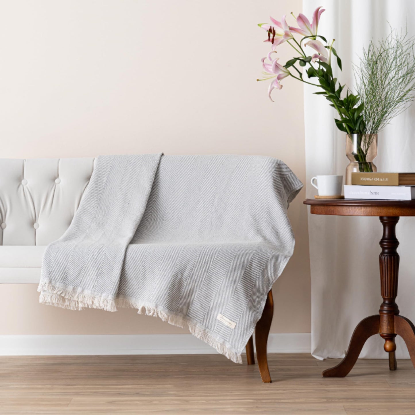 Lightweight Cotton Throw Blanket – Herringbone Chevron Pattern, Boho Farmhouse Decor (Ash Grey, Deep Blue & Brown Options, Twin Size, 57"x79")