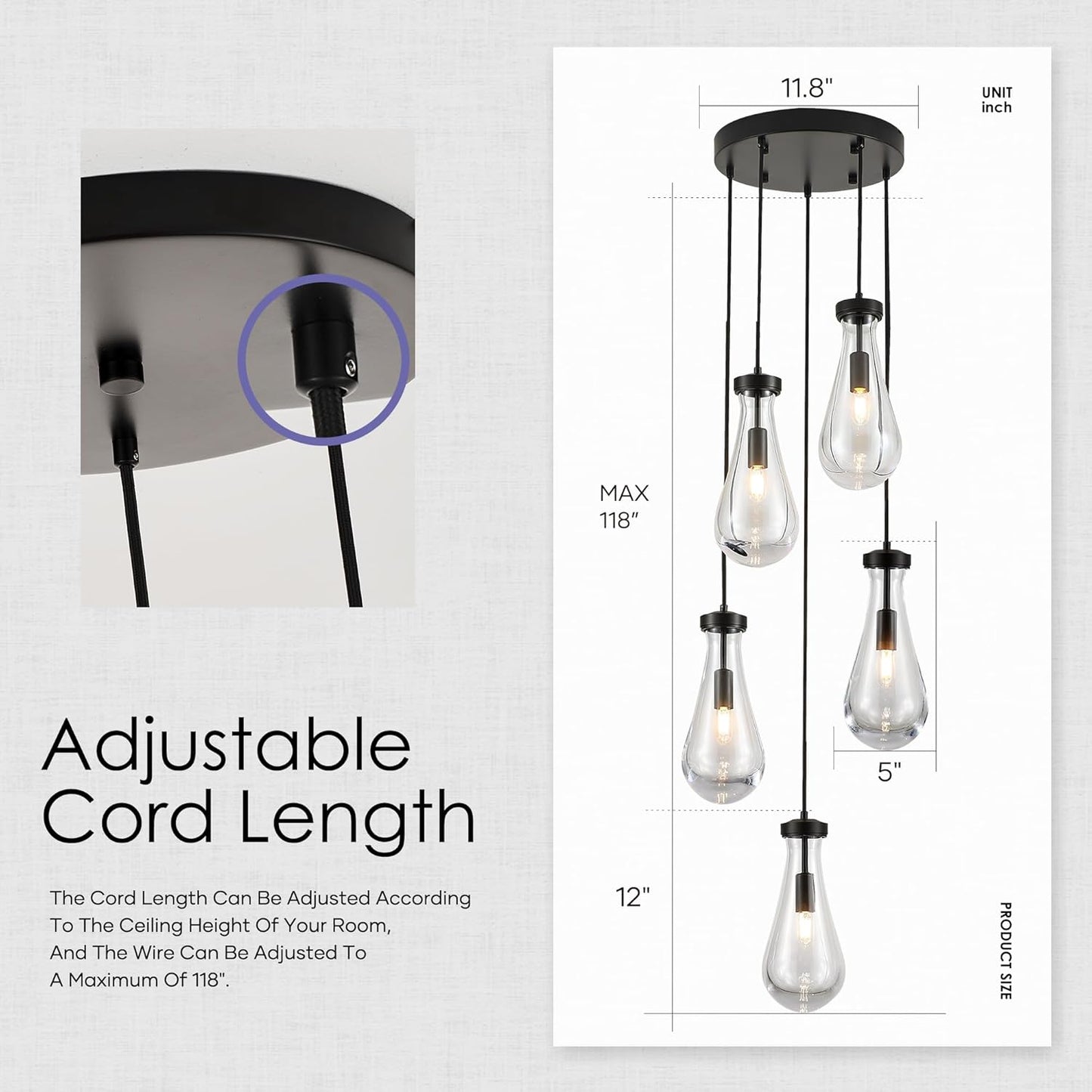 5-Light Raindrop Pendant Light Fixtures, Black Glass Pendant Lighting, Teardrops Modern Hanging Light for Entryway Foyer Kitchen Island Dining Living Room Hallway