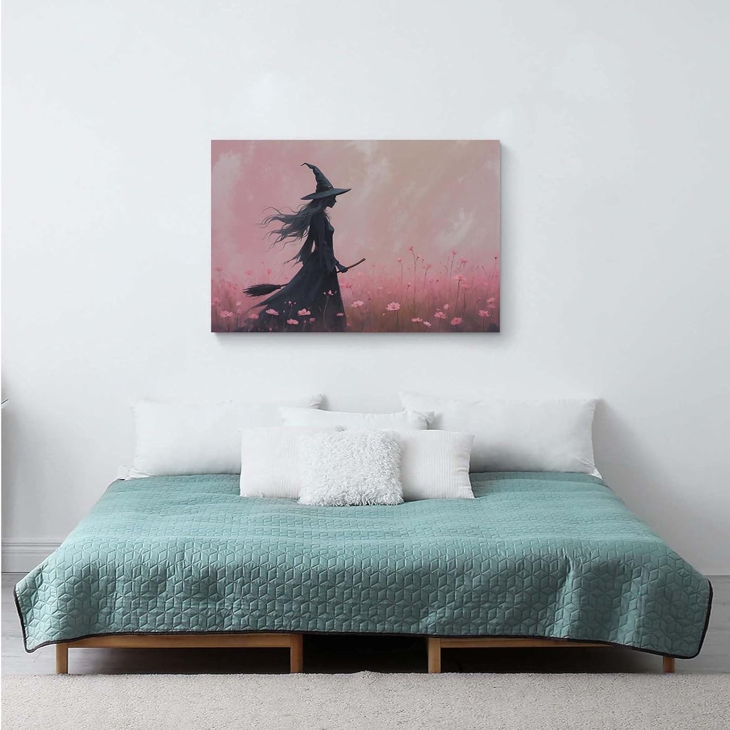 JFHCQJPK Witch in the pink sea of flowers Halloween prints weird flowers wall art silhouette painting fashionable romantic decoration suitable for bedroom12x16in Frameless