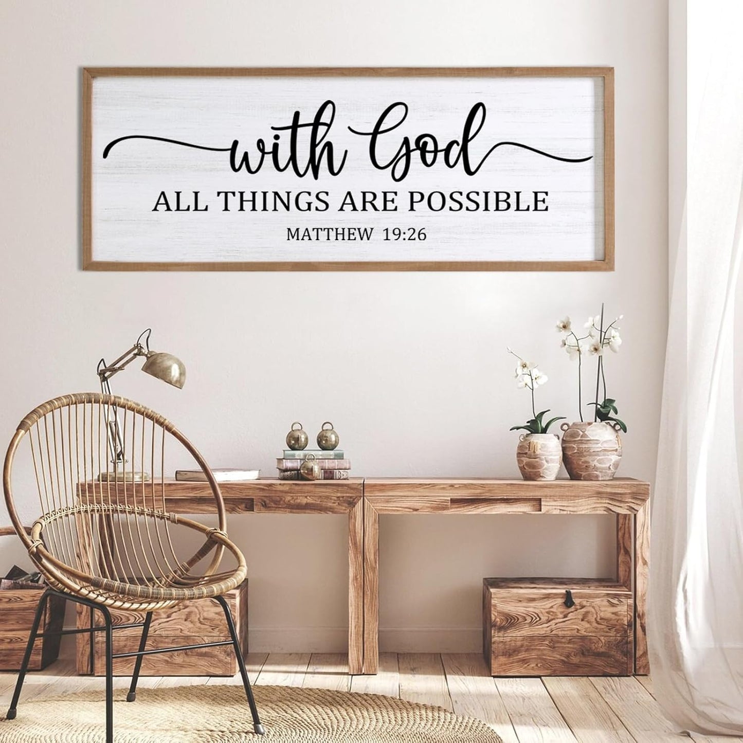 With God All Things are Possible Framed Wall Art, 40''×15'' Natural Religious Rustic Bible Verse for Christian God Jesus Christ Prayer, Holy Positive Horizontal Inspirational Catholic Scripture Decor