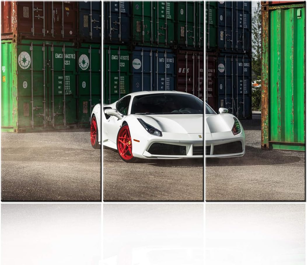 TUMOVO 3 Pieces Wall Art 488 White Sports Car in Warehouse Painting The Picture Print On Canvas Racing Car Pictures for Home Decor Decoration Gift Piece 40 x 20inch x 3 Panels