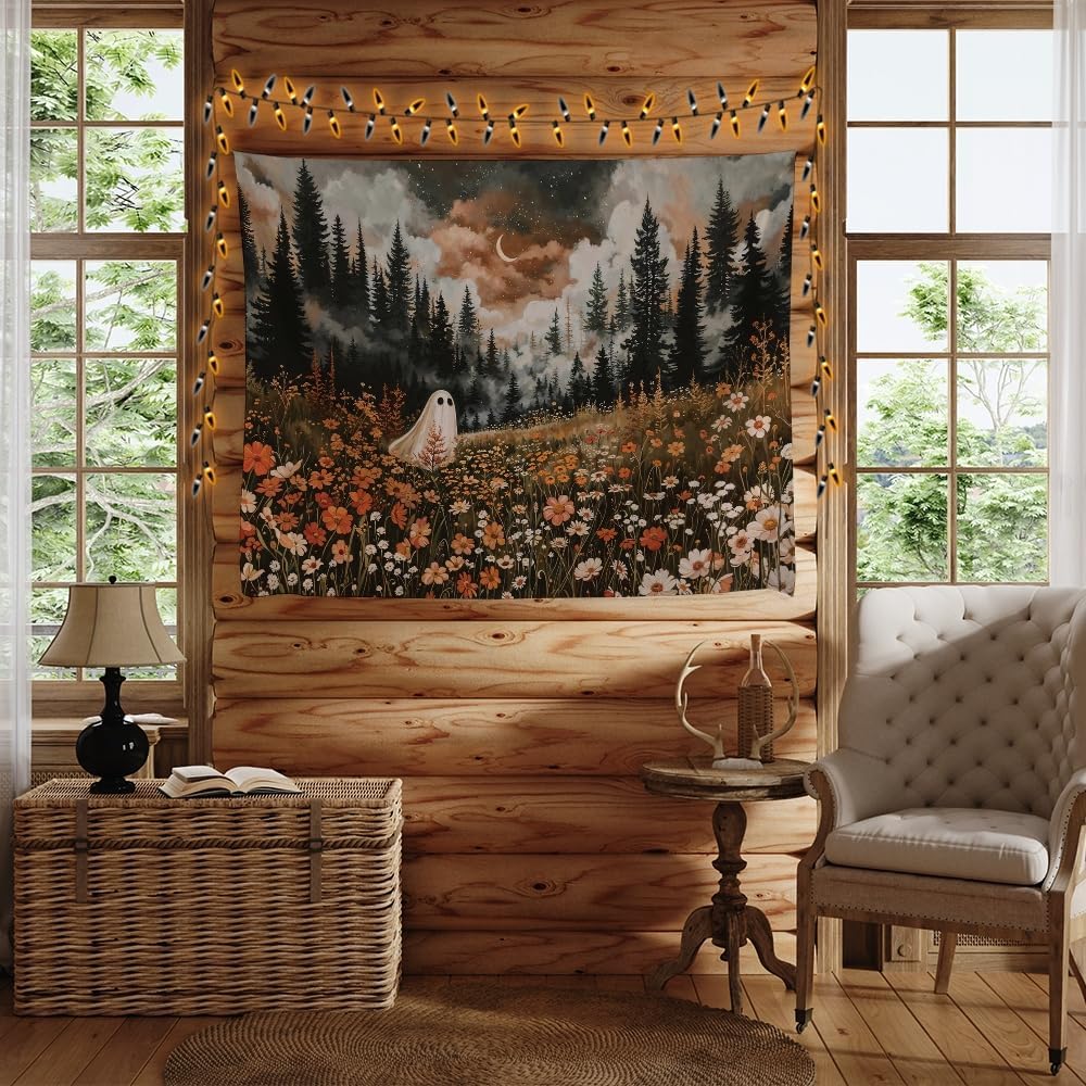 Spooky Fall Forest Art Halloween Tapestry Wall Hanging Cute and Funny Forest Flower Ghost Tapestry for Bedroom Whimsical Dark Academia Aesthetic Tapestries for Home Living Room Decor 50x60inch