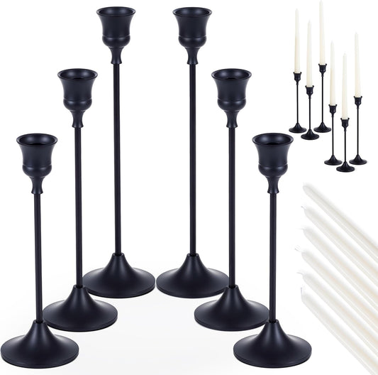 Black Candlestick Holders | Set of 6 | Metal with Matte Finish | 3 Different Sizes | Taper Candles Included | Decorative Centerpiece for Wedding, Christmas, Fireplace Mantel, Dining Table