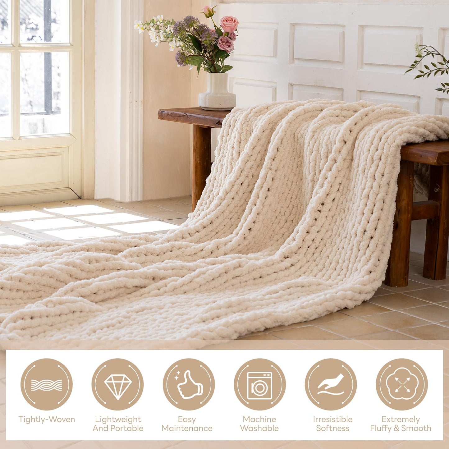 Premium Cream Chunky Knit Throw Blanket | 60"x80" Woven Rope Knot Design | Ultra Soft & Machine Washable