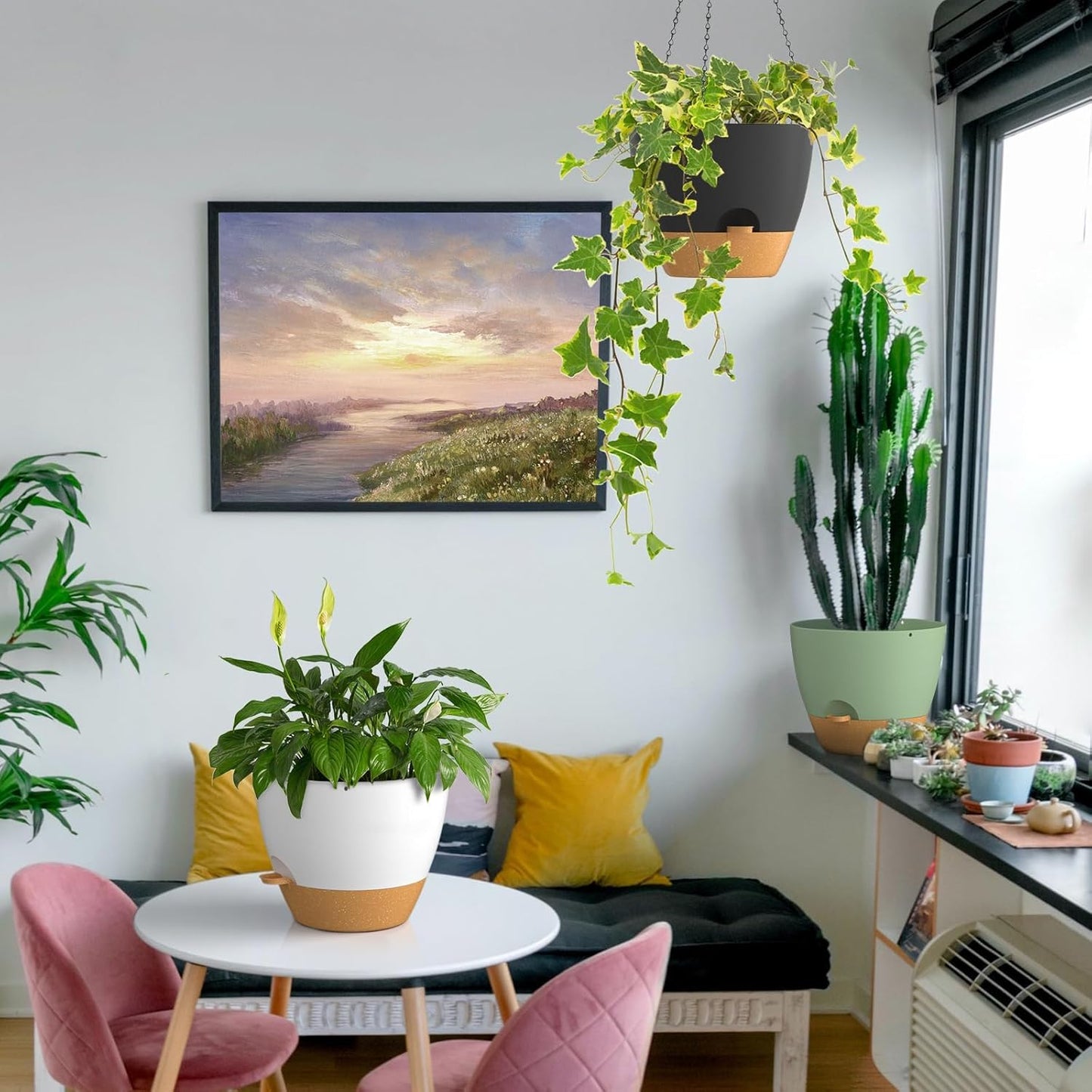 ZMTECH 12 Inch Hanging Planters for Indoor Outdoor Plants, 1 Pack Self Watering Hanging Plant Pots with Drainage Holes and Removable Saucer, Plastic Flower Hanging Pots with Watering Lip (White)