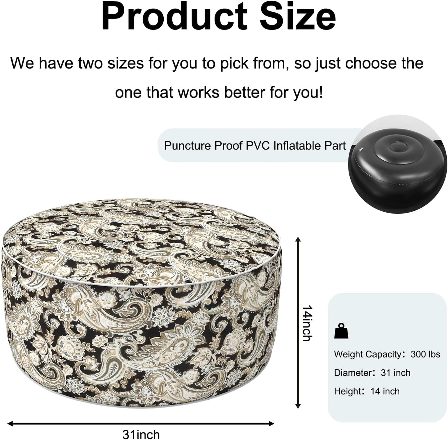 Inflatable Ottoman Stool D31 xH14 for Outdoor/Indoor Use, Water Repellent Patio Foot Rest Stool with Portable Handle,Round Pouf Ottoman Suitable for Garden,Deck and Camping - Paisley Black