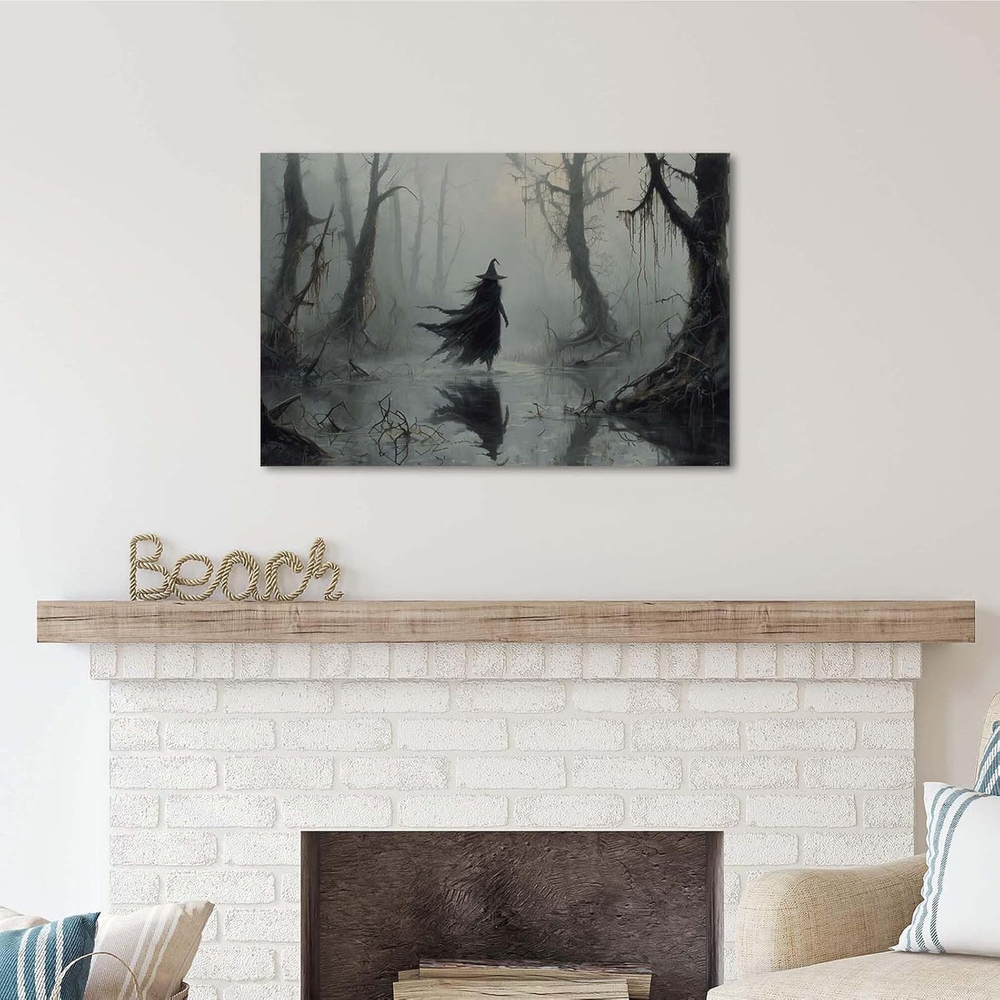 Vintage rustic swamp witch poster dark moody wall art gothic horror season halloween print for home decor retro dark moody painting16x24in Wood Framed