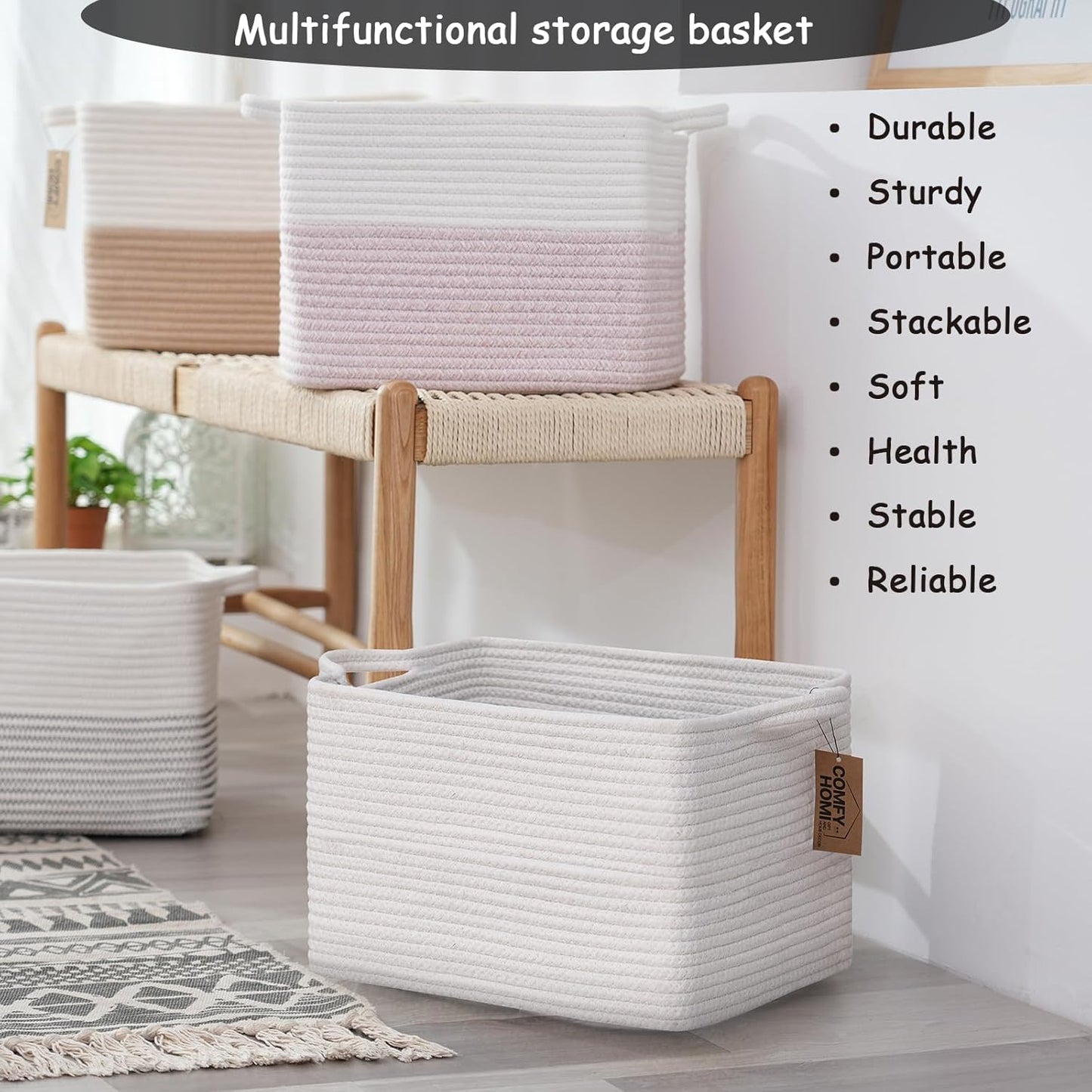 COMFY-HOMI Cotton Rope Woven Basket with Handles for Shelves,Toys,Book, Cloth Storage Baskets Bin for Organizing-13.5"x11"x9.5" Toy Decorative Organizer for Living Room, Bathroom-All White