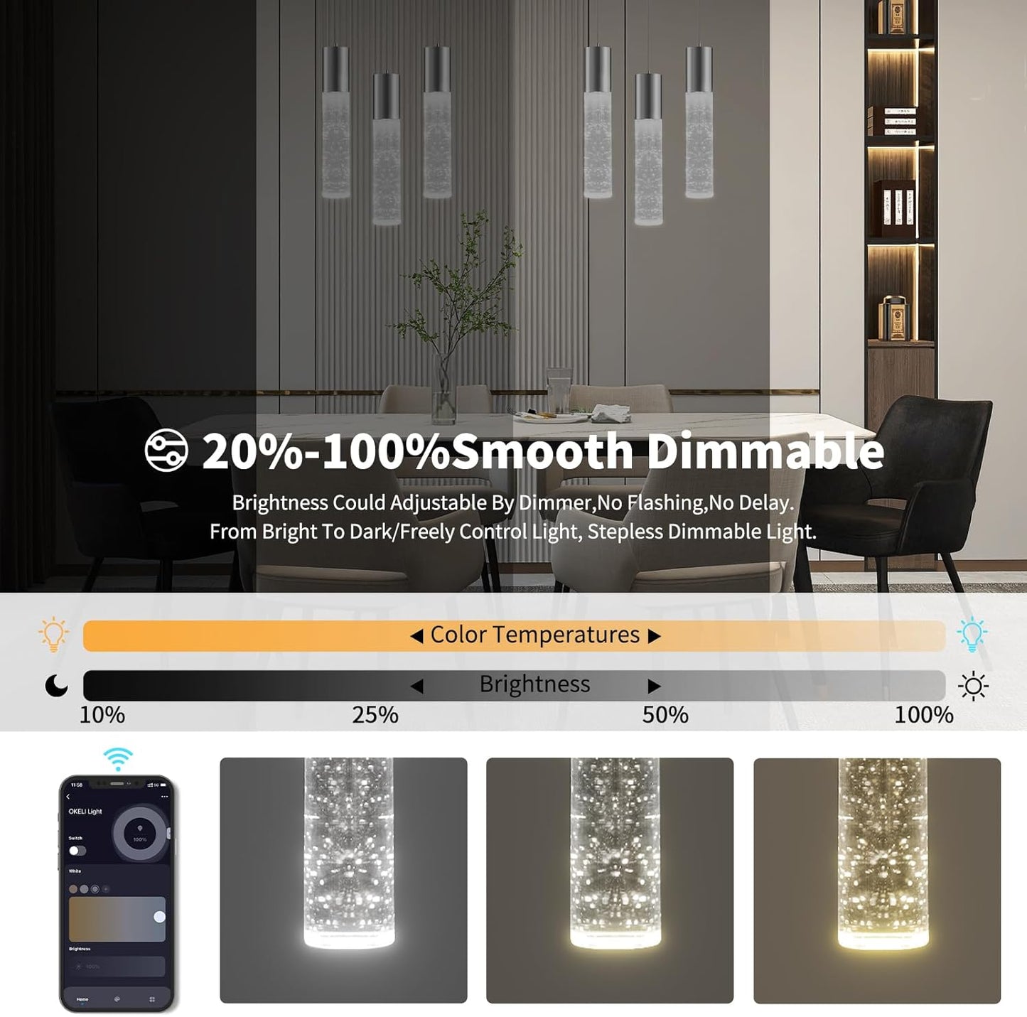 OKELI Smart Dimmable LED 3-Light Pendant Light for Kitchen Island, 18W 1350LM Modern Bubble Crystal Island Light Fixture with TUYA App & Voice Control, Adjustable 3000K-6000K, Electro-Chrome, Round