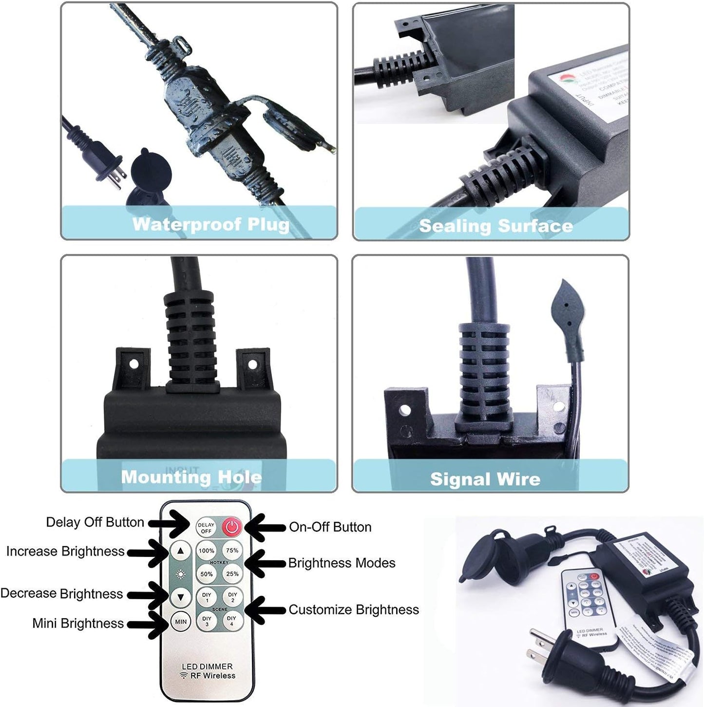Max Power 200W Waterproof Outdoor String Lights Wireless Remote Control, 150Feet Range, Memory, Stepless Dimming, IP68 Waterproof. UL 3 Prong Remote Control Dimmer