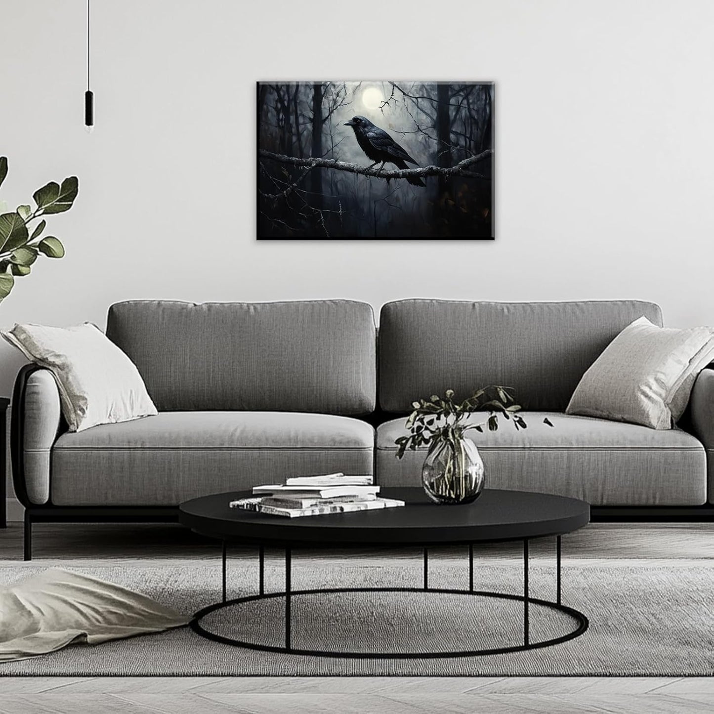 OAAPITI Crow Canvas Wall Art Black Crow Stand On The Branch Picture Print Moonlit Night Poster Vintage Forest Landscape Painting Artwork Living Room Halloween Decor(Artwork-1,12"x18")