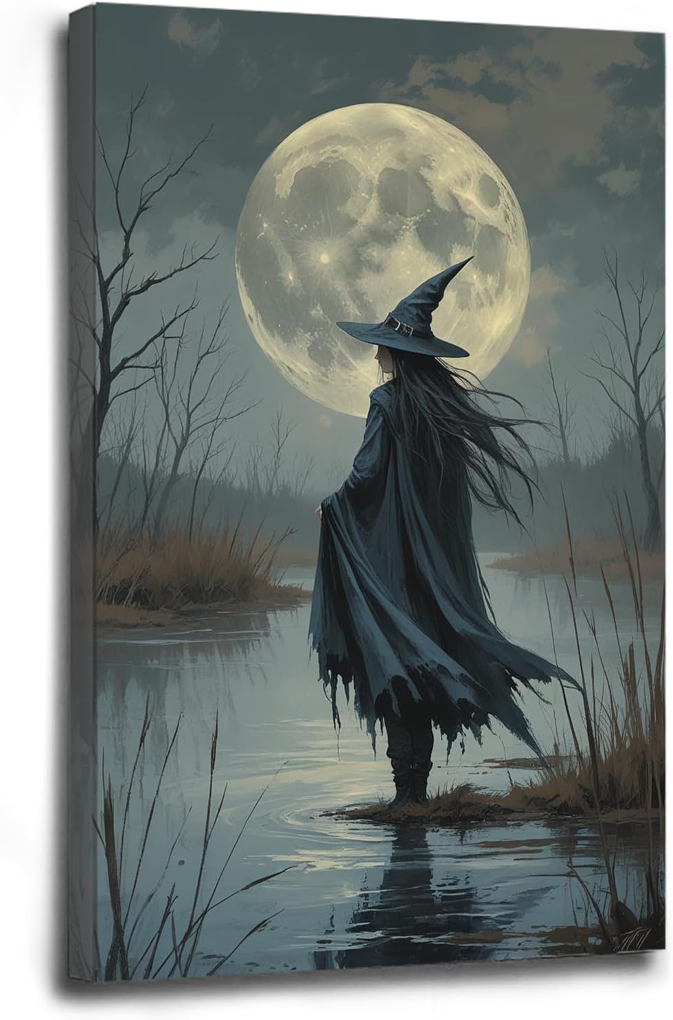 Witch in the moonlight magic canvas wall art enchanting Halloween home decor swamp witch silhouette oil painting mysterious gothic aesthetic wall decor print poster12x16in Wood Framed