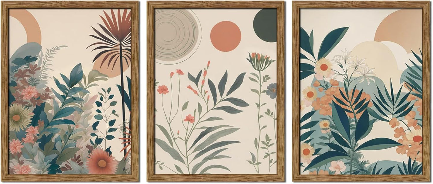 Marllifenney Wood Framed Orange Plants Canvas Wall Art Set of 3 Boho Botanical Wall Decor Abstract Floral Poster Modern Nature Prints Painting Picture for Living Room Bedroom Kitchen Office 12x16in