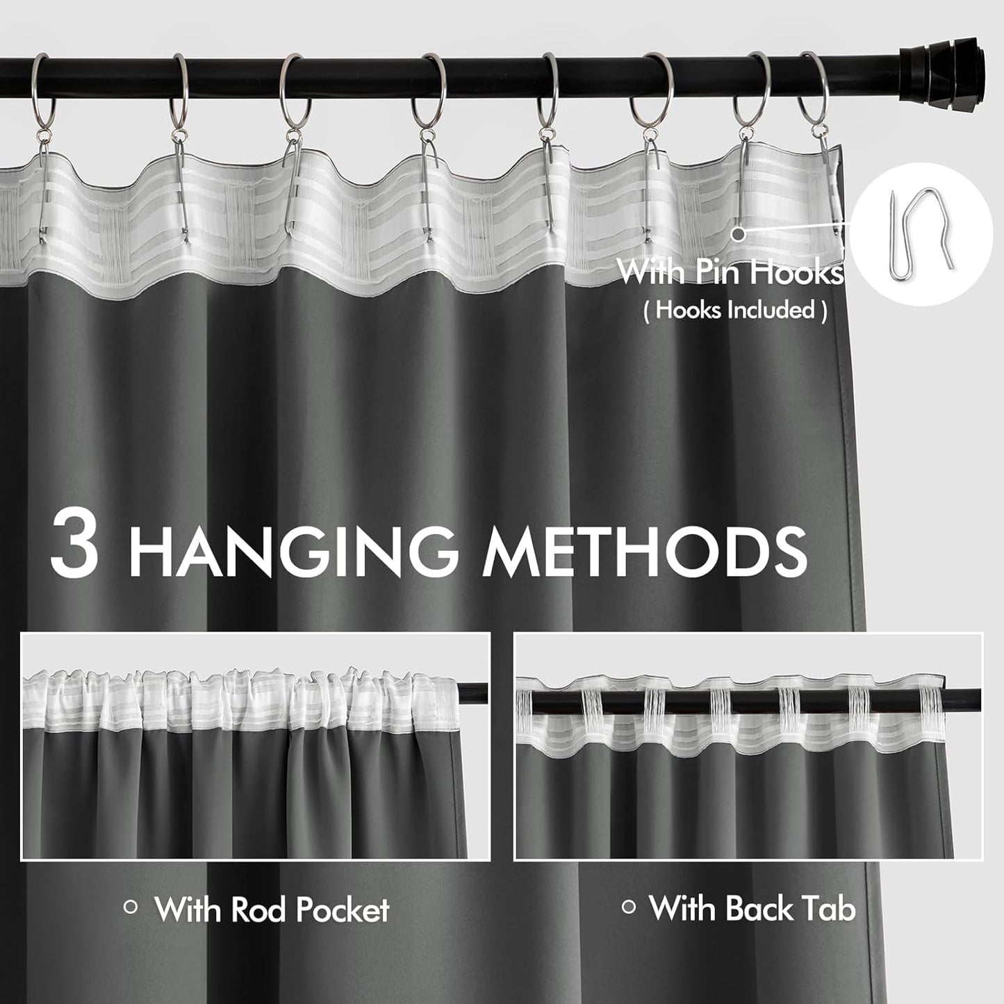 MIULEE Back Tab Grey Blackout Curtains 120 Inch Long 2 Panels Set for Living Room Bedroom Privacy, Rod Pocket/Pinch Pleated Extra Long Thermal Insulated Room Darkening Light Blocking Curtains/Drapes
