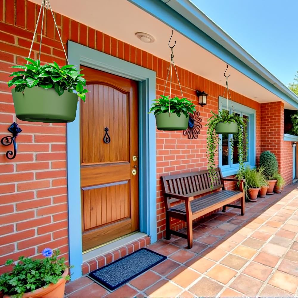 10.7 Inch Hanging Planter for Outdoor Indoor Plants，2 Pack Hanging Flower Pots with Drain Holes for Garden Home Decor Use (Dark Green)